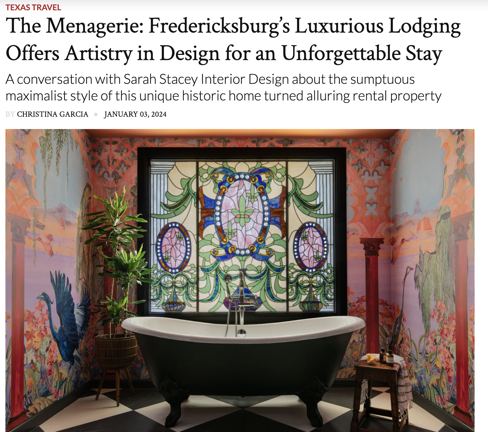 Tribeza Magazine 2024 tearsheet featuring The Menagerie by Sarah Stacey Interior Design, Fredericksburg, Texas, photography by Avery Nicole Photography
