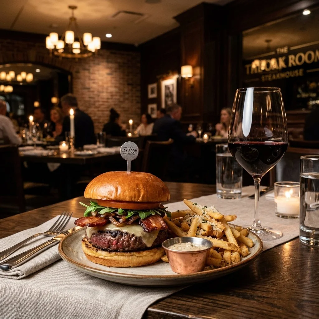 Una hamburguesa y una copa de vino
