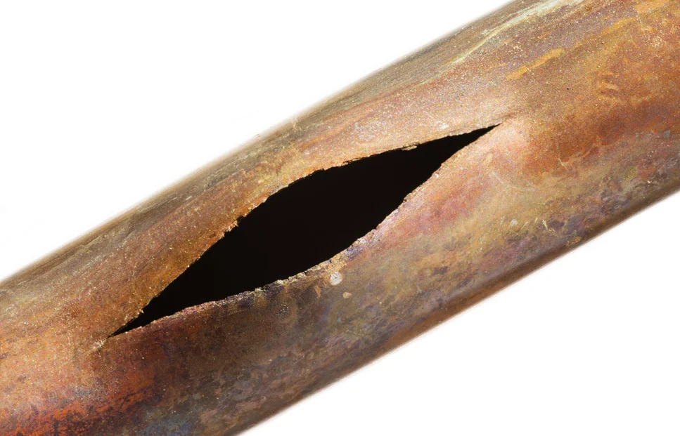 A split like this can result from a frozen pipe during winter weather.