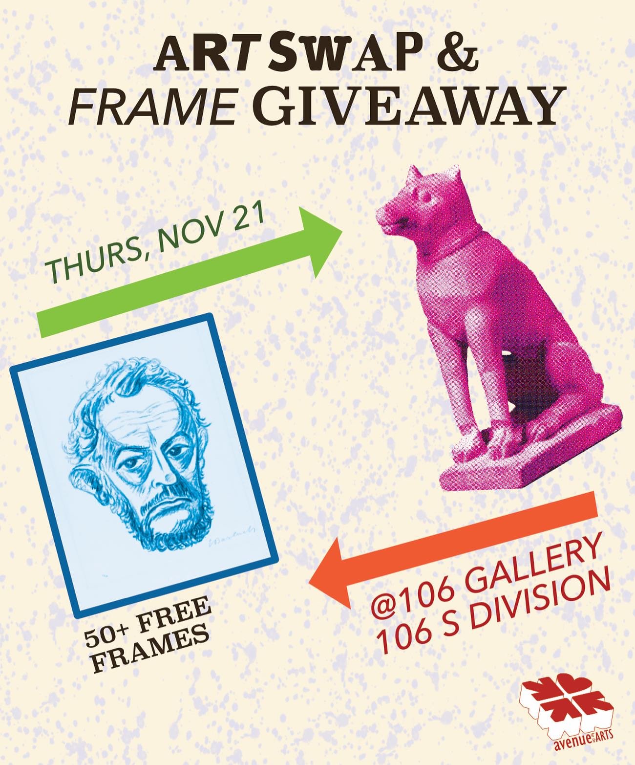 Find a new home for your old art and pick up something fresh from another GR art lover at the same time! Then look through our 50+ frames and grab what you need for free.99 ✨

It all goes down at the 106 Gallery during 3rd Thursdays, 11/21 from 5&nda