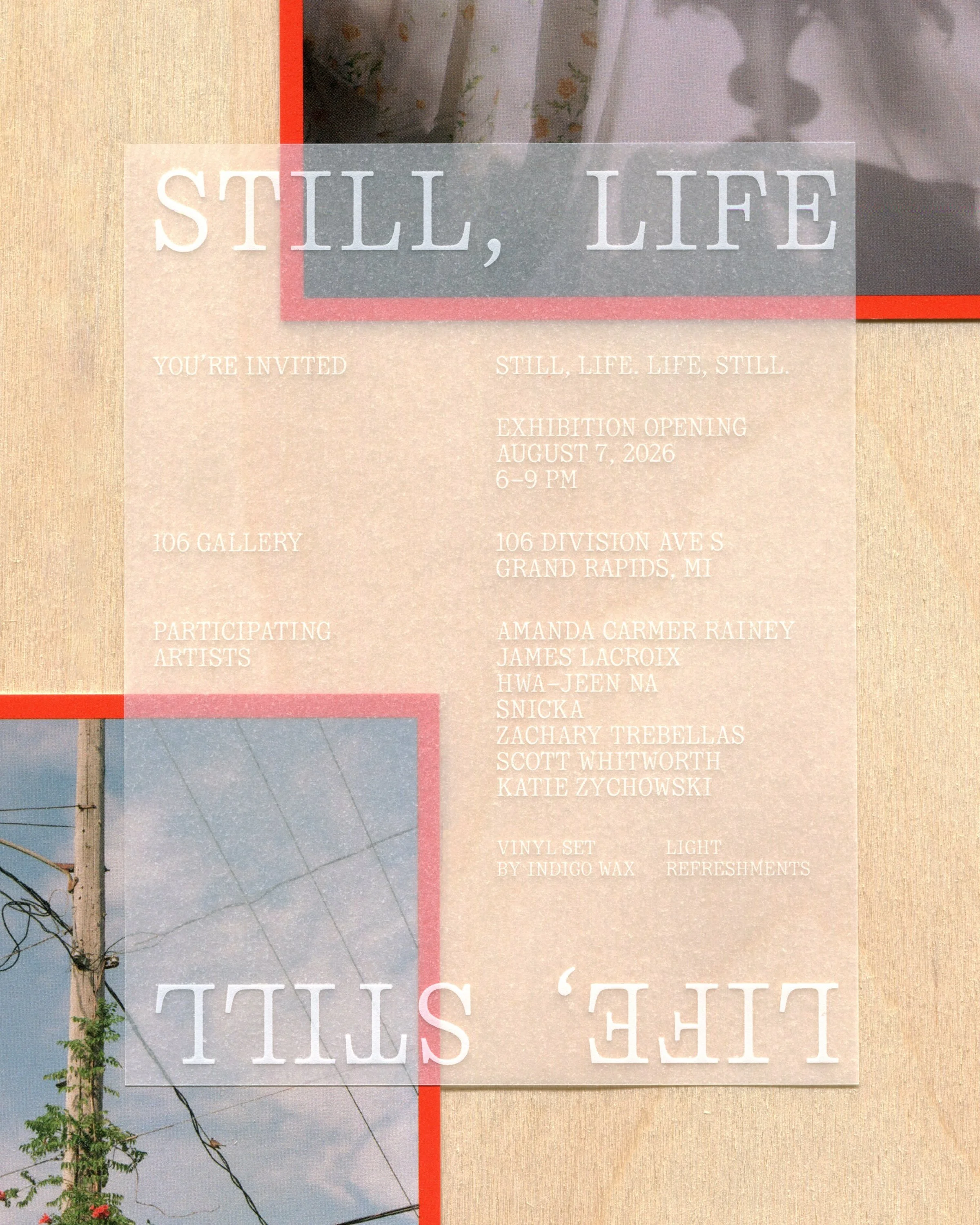 One week left until &ldquo;Still, Life; Life, Still&rdquo; at One Oh Six Gallery!

&bull; Opening Reception: Friday, 8/7. 6-9pm
🎯Part of @firstfridayartwalkdowntown w/ 7 other nearby arts spaces 
&bull; Closing Reception: Friday, 8/28. 6-9pm
&bull; 