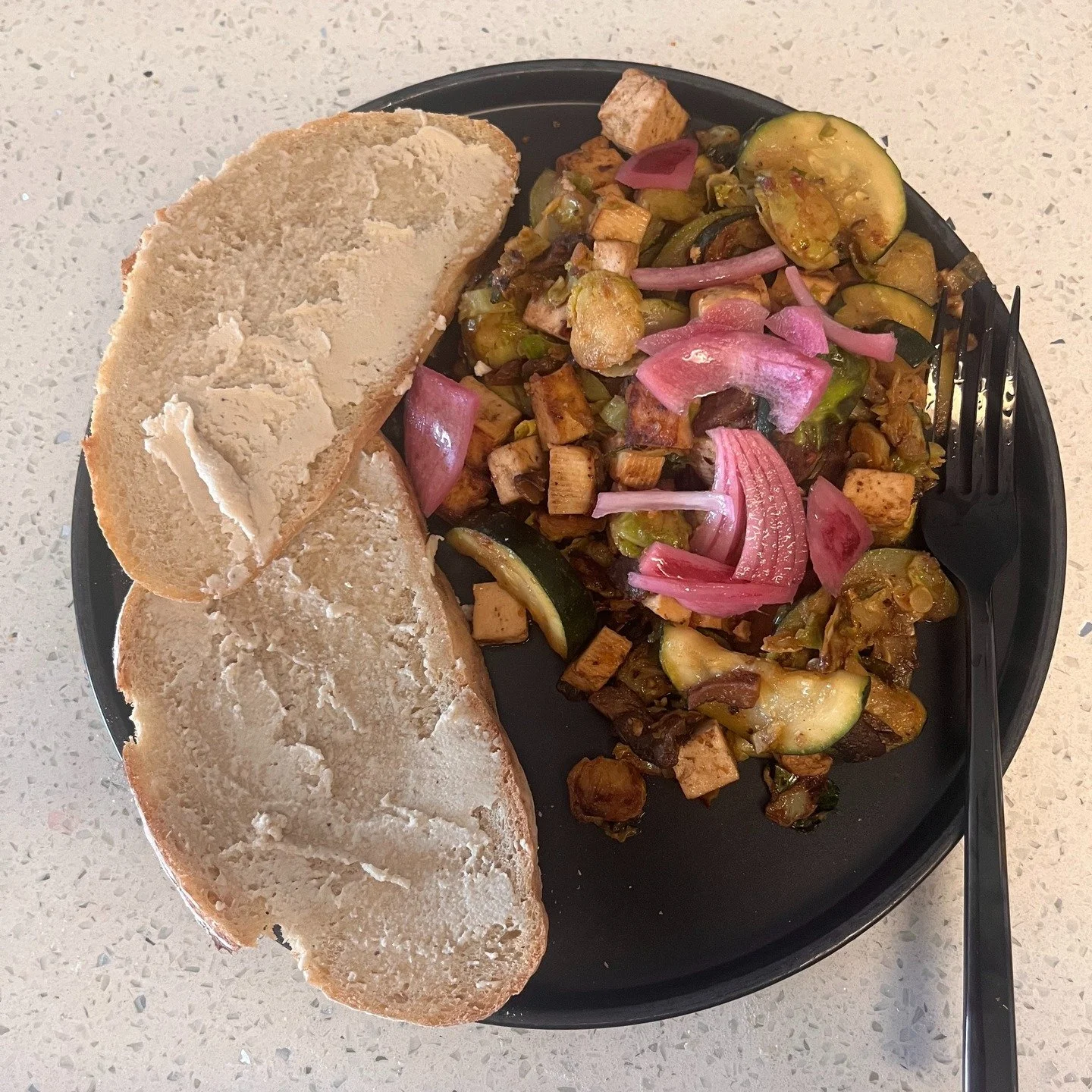 For a Plant-Based, Veggie-filled breakfast idea, check out my YouTube Channel! Channel link in Bio. This video will be posted on Sunday, June 22nd. 
Description: Carmelized Zucchini, Tofu, Mushroom, and Shaved Brussels Sprouts topped with pickled re