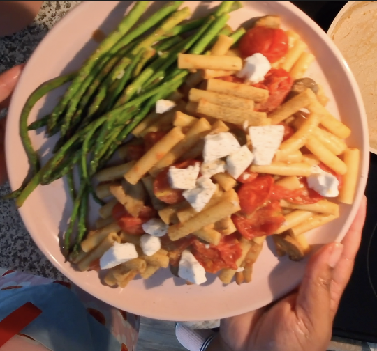 Ziti Pasta With a Rich Olive Oil Mushroom Tomato Sauce and Lemon Garlic Asparagus 