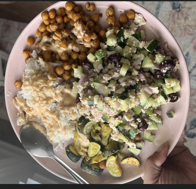 Roasted Chickpeas, Lemon Zucchini, and rice with a Cucumber Salad