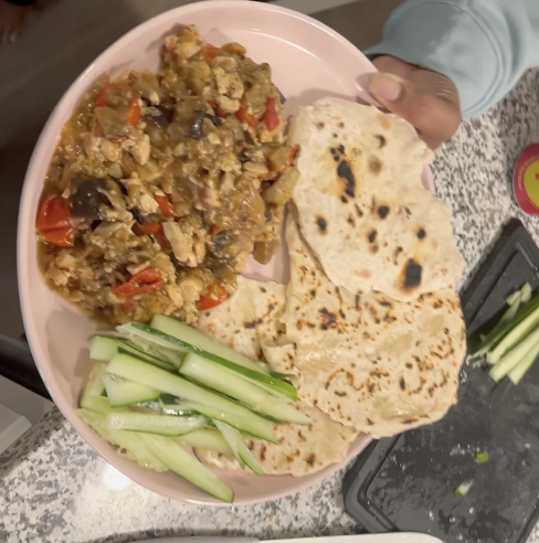 Greek-Inspired Chunky Eggplant Dip with flatbread and Fresh Cucumber