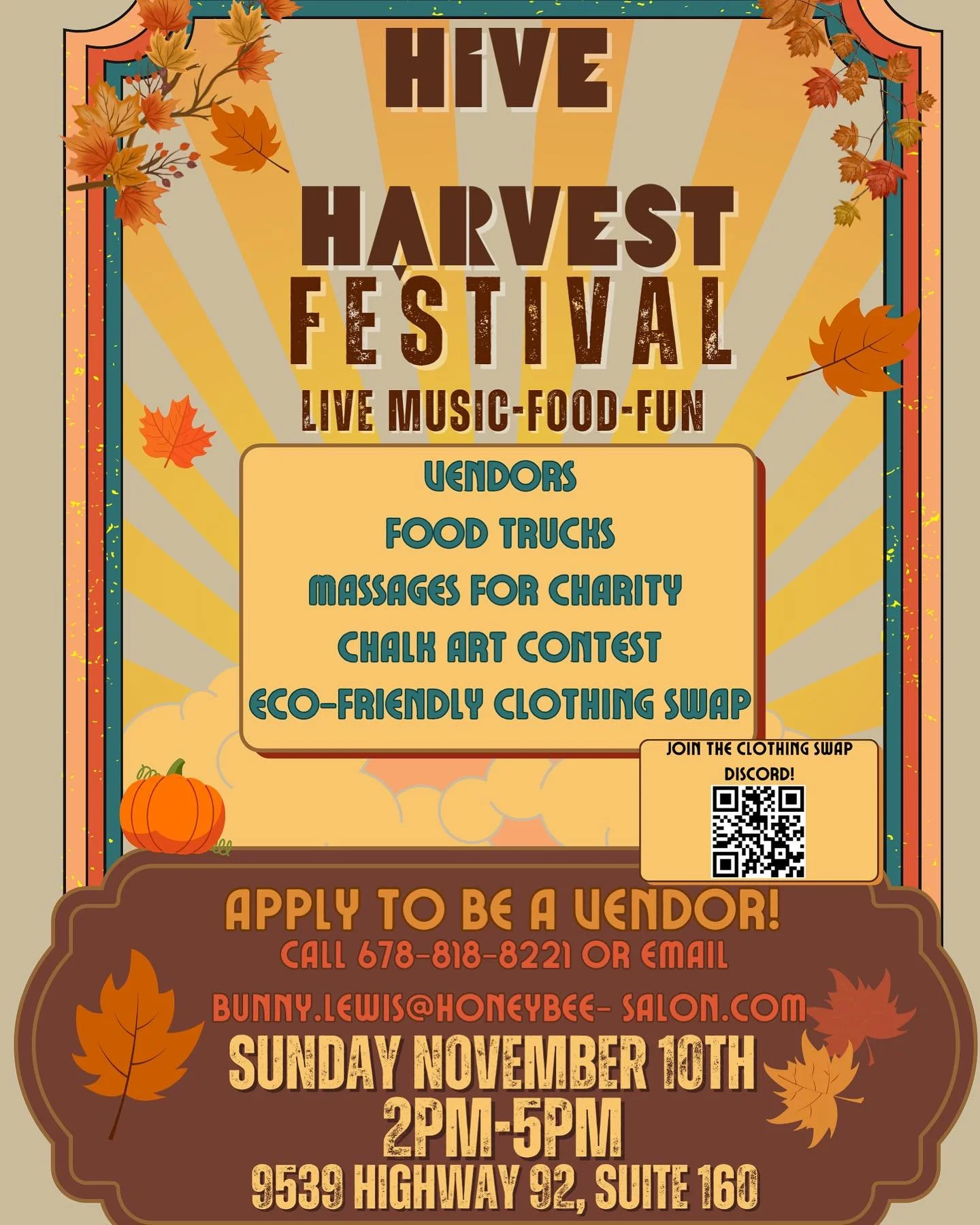 IT&rsquo;S HAPPENING!!! 
You helped us end summer with a BANG at the block party, and it&rsquo;s time to party!
Join us on November 10th, 2024 from 2pm-5pm for the HIVE HARVEST FESTIVAL! 
Live music for elder emos and the youth alike will fill the ai