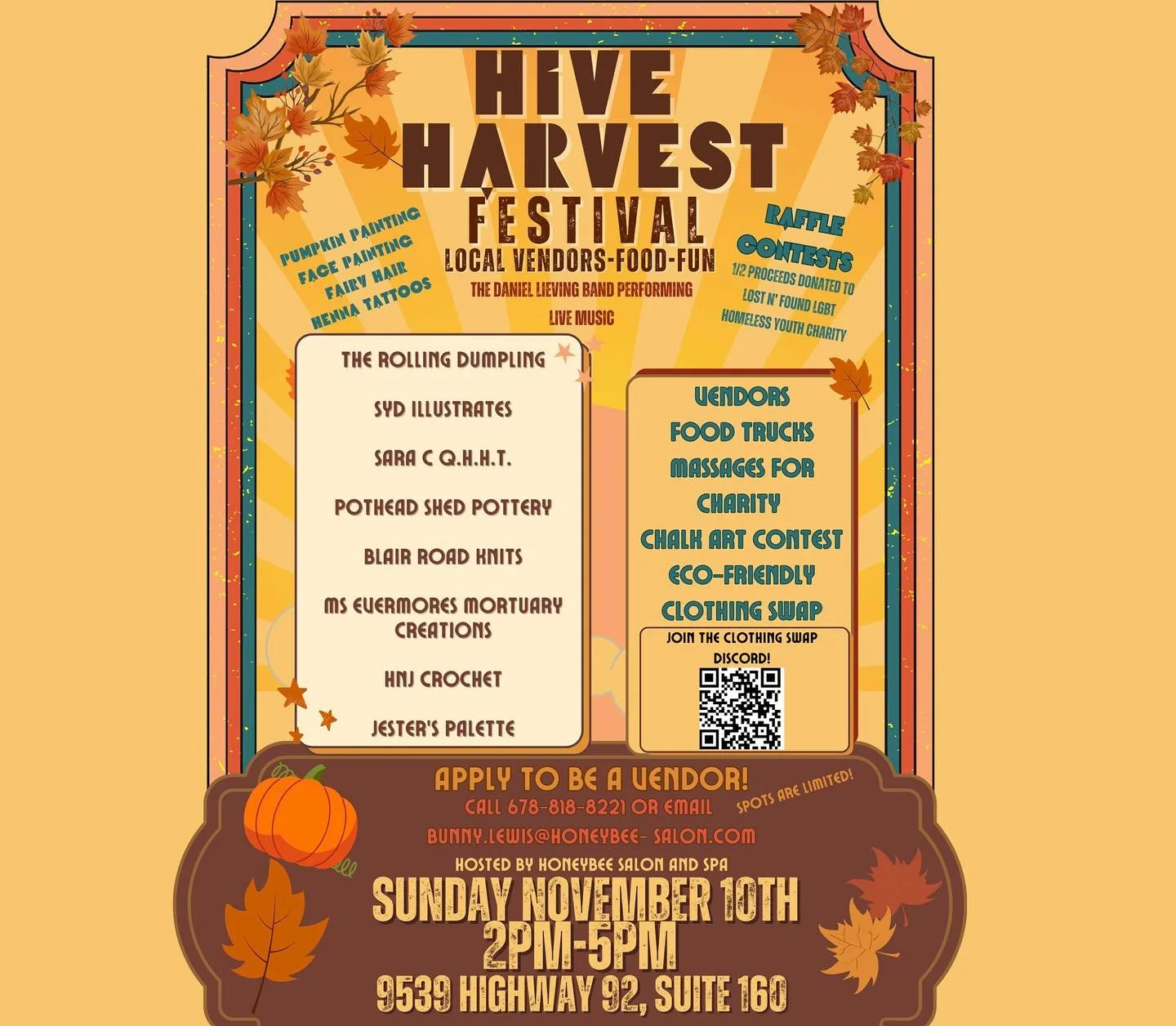 We&rsquo;re starting to fill up! EEEEK! I&rsquo;m so excited to see everybody and enjoy the fun. 
Get &lsquo;inked&rsquo; with henna by the honeybees, paint a pumpkin with a pal, or swap your old wardrobe out for something new! Or, Spice up your hair