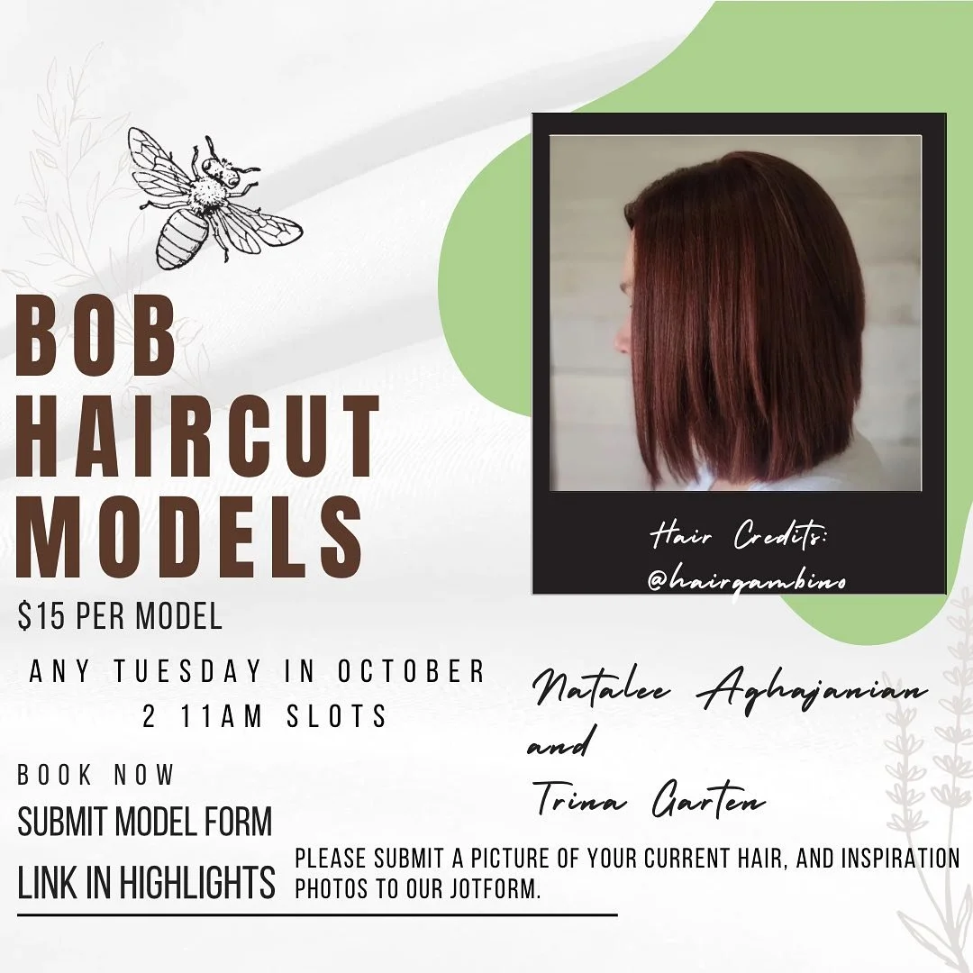 We have Three haircuts that we need TWO models each for! Natalee and Trina are working their way towards the finishline towards being a jr.stylist, so we are putting out calls for the following cuts. 
&bull; Long Layered Cut 
&bull; Shag Cut
&bull; B