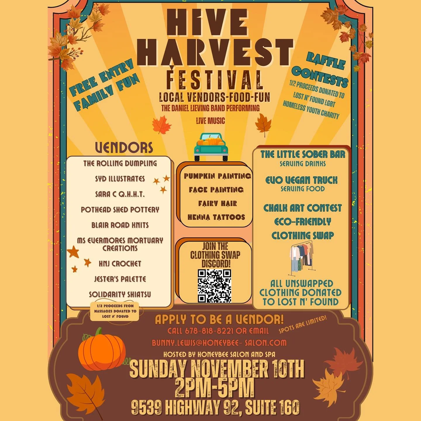 Hi everyone! We are so excited to bring in the fall season with everyone. The music, food and fun is going to be amazing! Everyone are pumped to start the festivities, so be ready. Clean out your closets for the clothing swap, get a massage for chari
