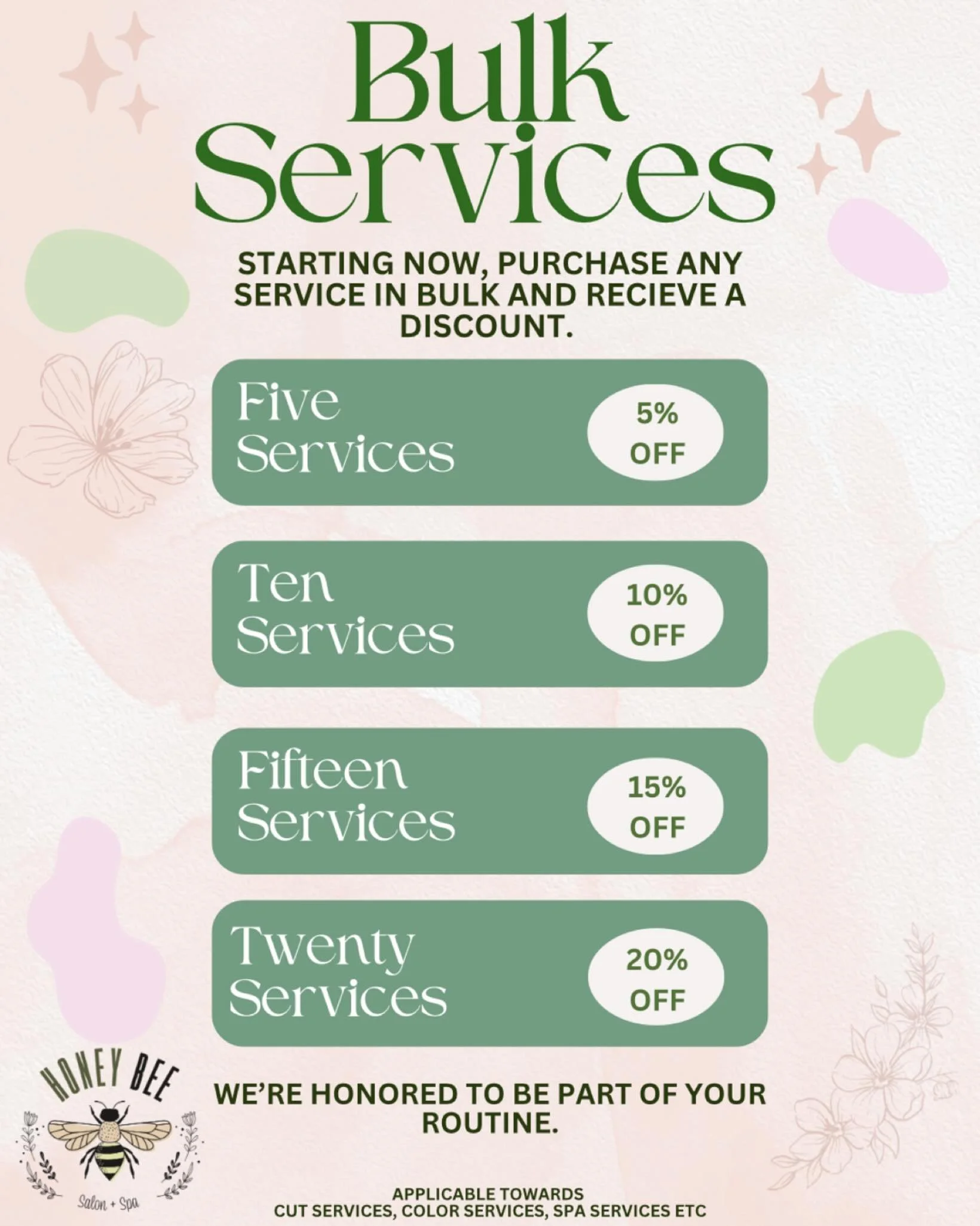 You know we see you coming to the salon every 4 to 6 weeks -you know that we see you seeing us consistently enough for us to offer you a deal. Starting now applicable to most any services &ndash; buy in bulk and receive a discount! Whether you come t