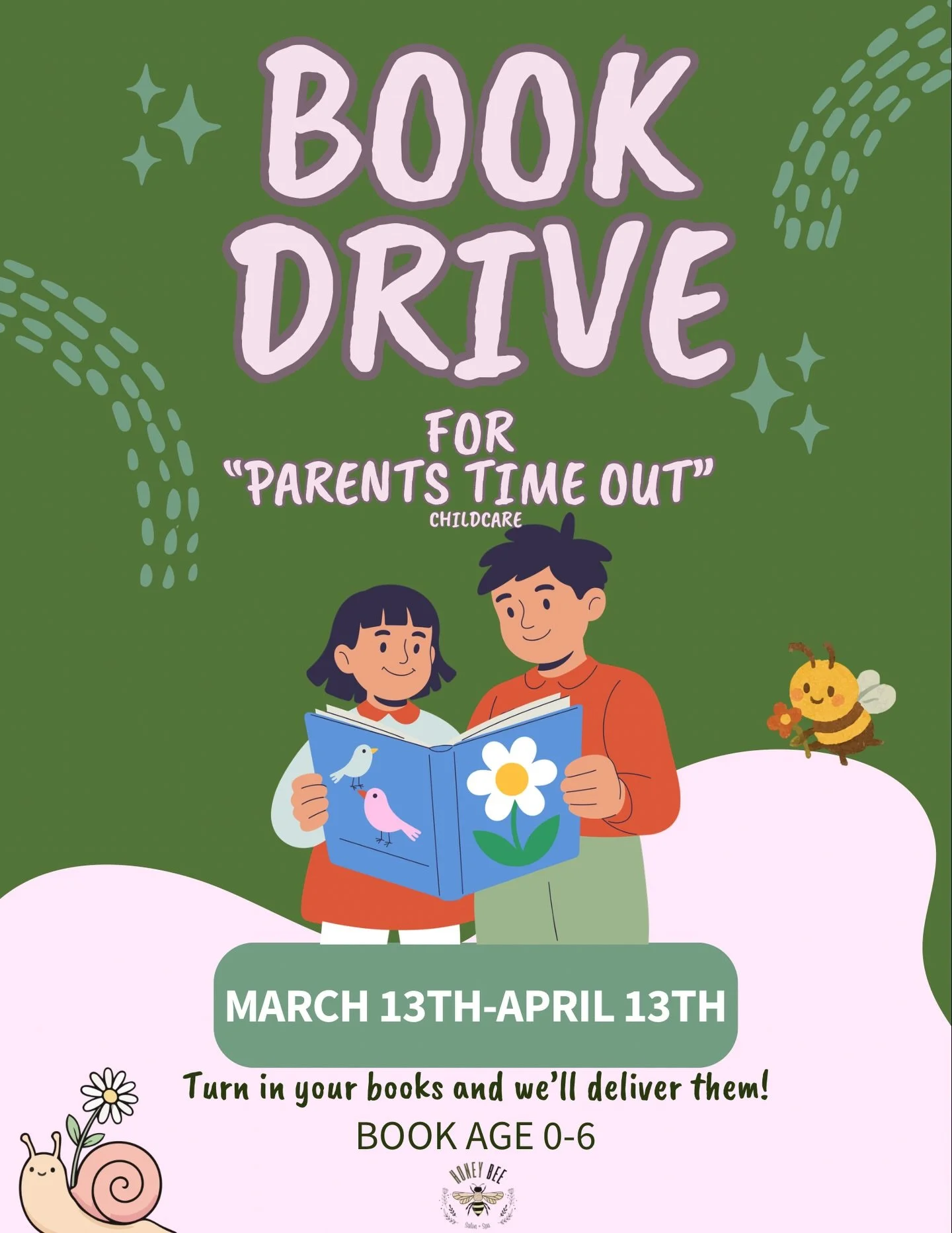 Hiii! Honeybee is hosting a book drive ! 
This is for &ldquo;Parents Time Out&rdquo; daycare to start their first library! 
They are looking for books ages 0-6. If you have any well loved but readable and/or new kids books please consider donating. H