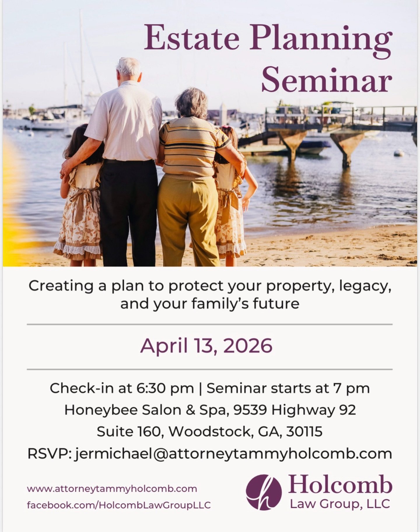 Honeybee is insistent on self care- and that includes preplanning ! We are hosting an Estate Planning seminar hosted by Holcomb Law Group LLC! 
&bull;
Join us for an Estate Planning Seminar and take the first step toward protecting your property, you