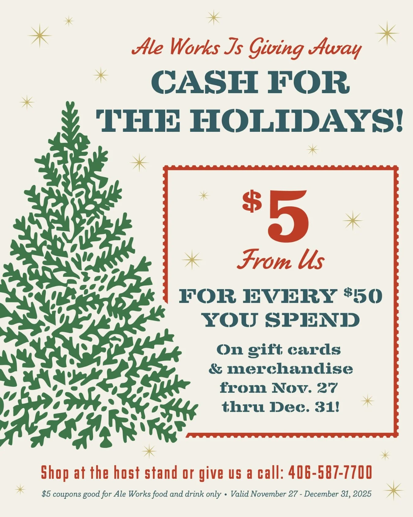 Shop all things Ale Works this season and get a little something back for treating the people you love.

For every $50 you spend on Ale Works gift cards, softgoods, merch, or bottles of Freighthouse Bourbon, we give you $5 back!!!

A little holiday b