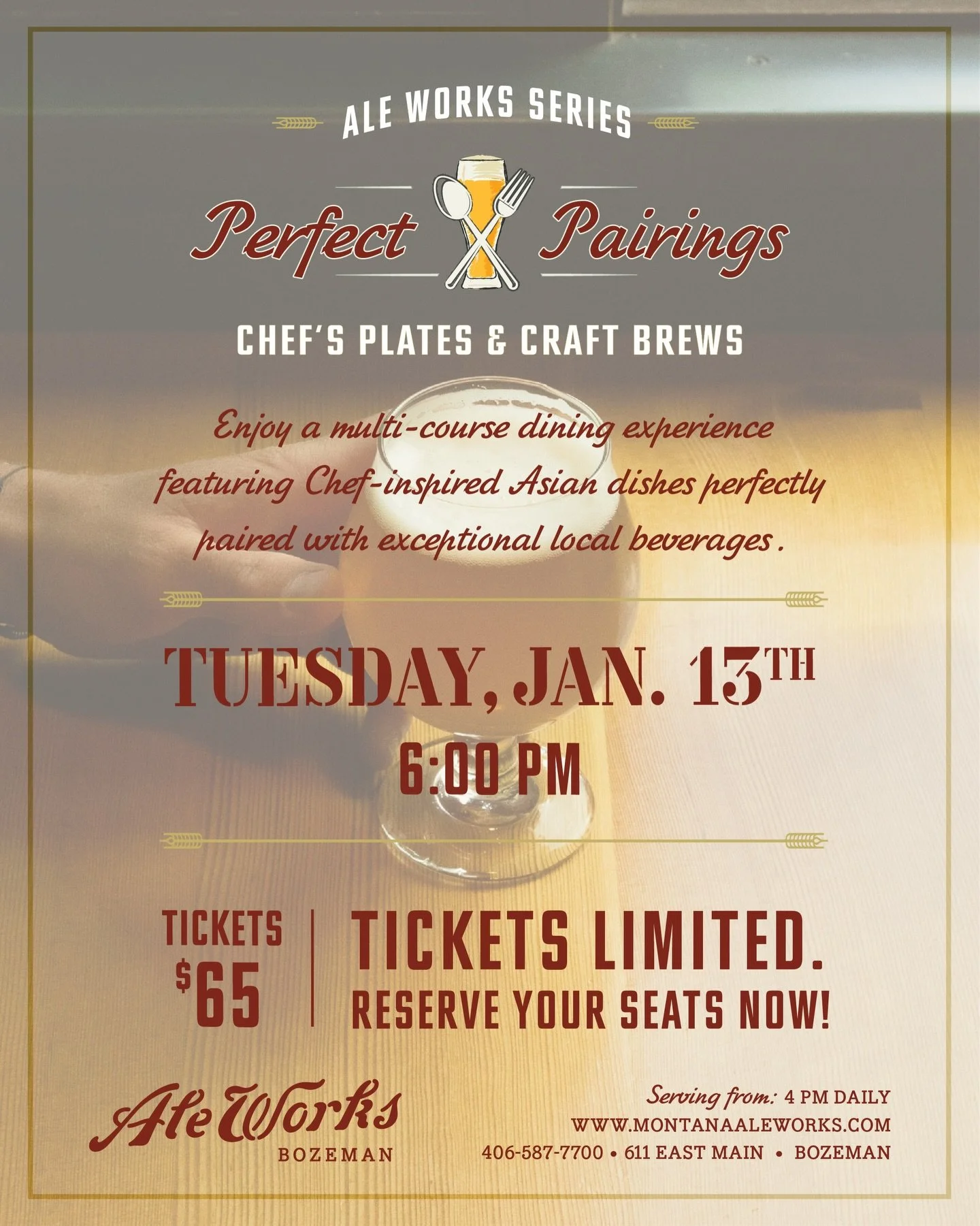 January&rsquo;s Perfect Pairing Dinner is taking us on a trip across the Pacific!

This month, Executive Chef Jacob is drawing inspiration from Asian flavors.

Bright, bold, aromatic dishes paired with a Montana-made spirit or brew that brings every 