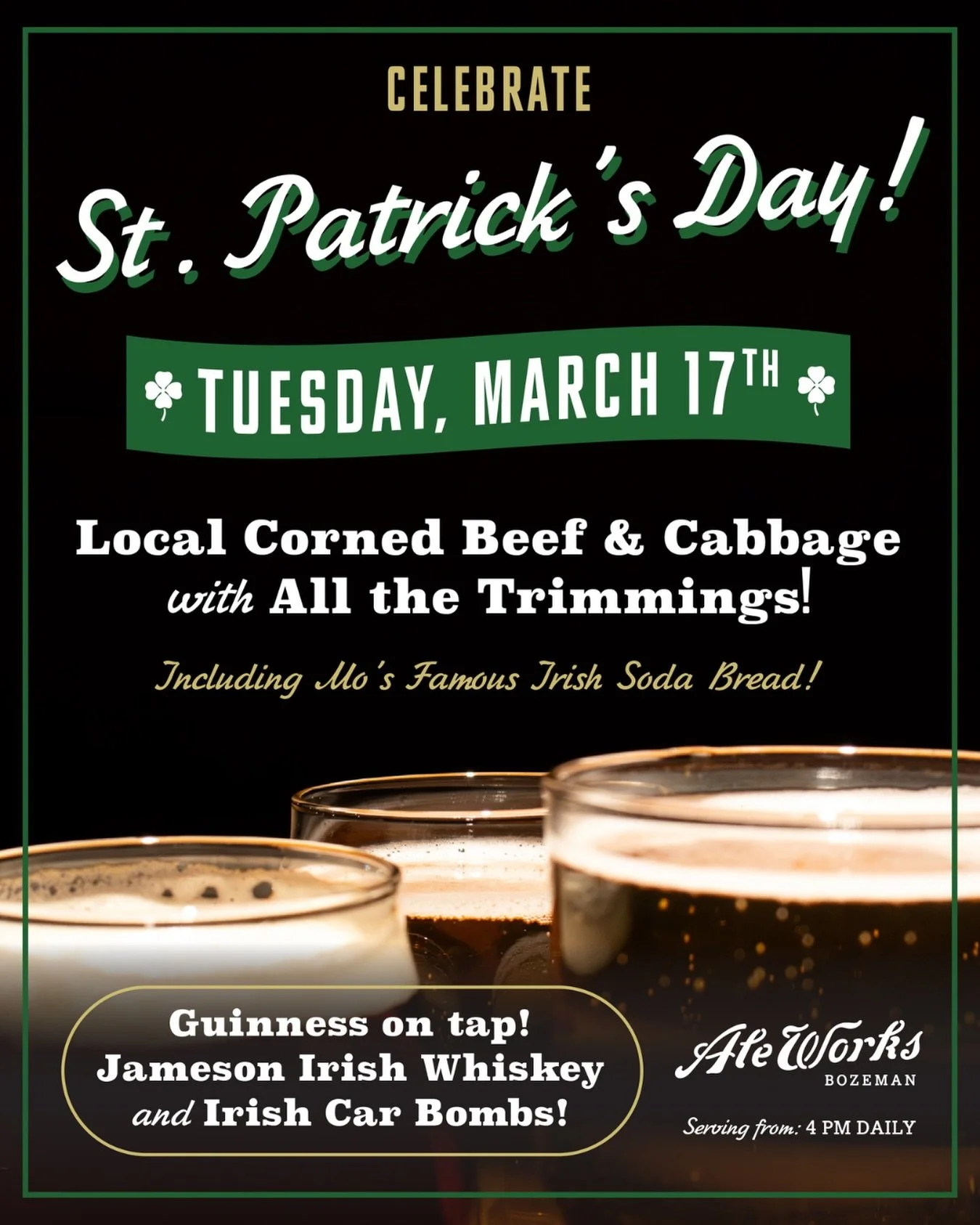 It&rsquo;s time to raise a pint of Guinness to good food, great beer, and the community that makes it all possible.

Join us on the 17th for our traditional and RENOWNED local corned beef &amp; cabbage with all the trimmings! 

#saintpattysday #bozem