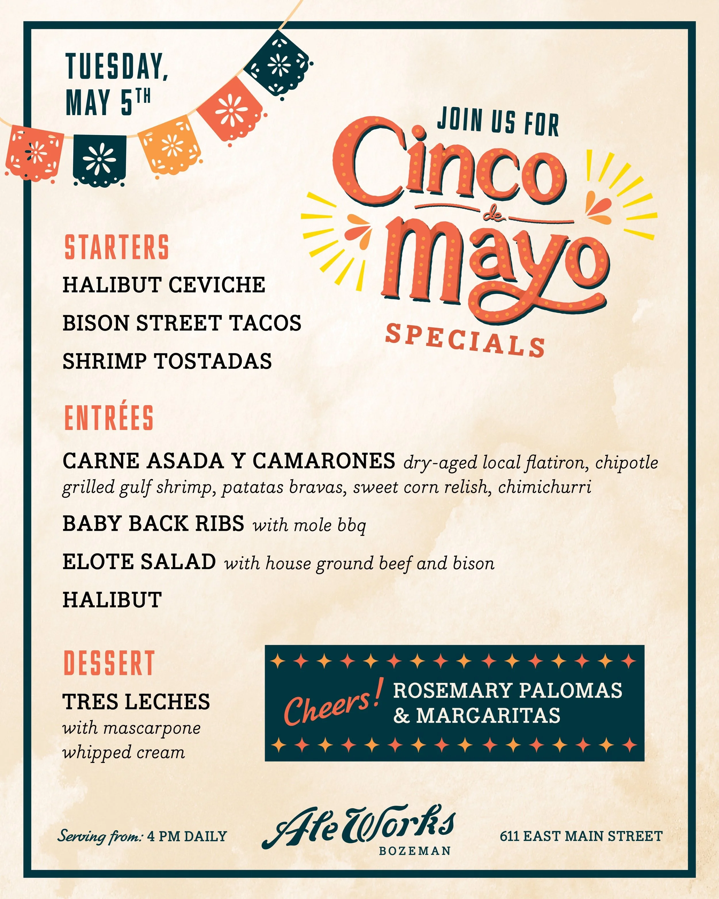Our annual Cinco de Mayo menu is back! 

It&rsquo;s bold, festive, and built for a night out with the people you like most.

But here&rsquo;s the real news: @williesdistillery is joining us to launch their newest spirits. It&rsquo;s a Cinco celebrati
