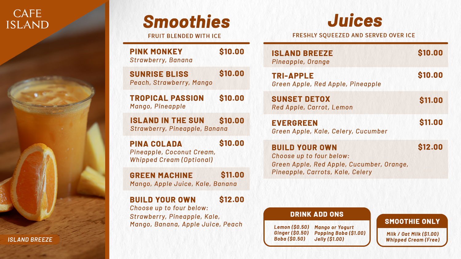 Juice Bar Menu — Island Spa and Sauna