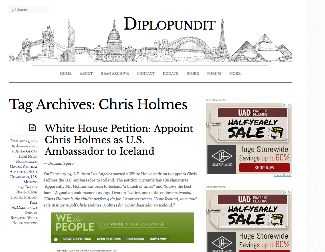 White House Petition: Appoint Chris Holmes as U.S. Ambassador to Iceland