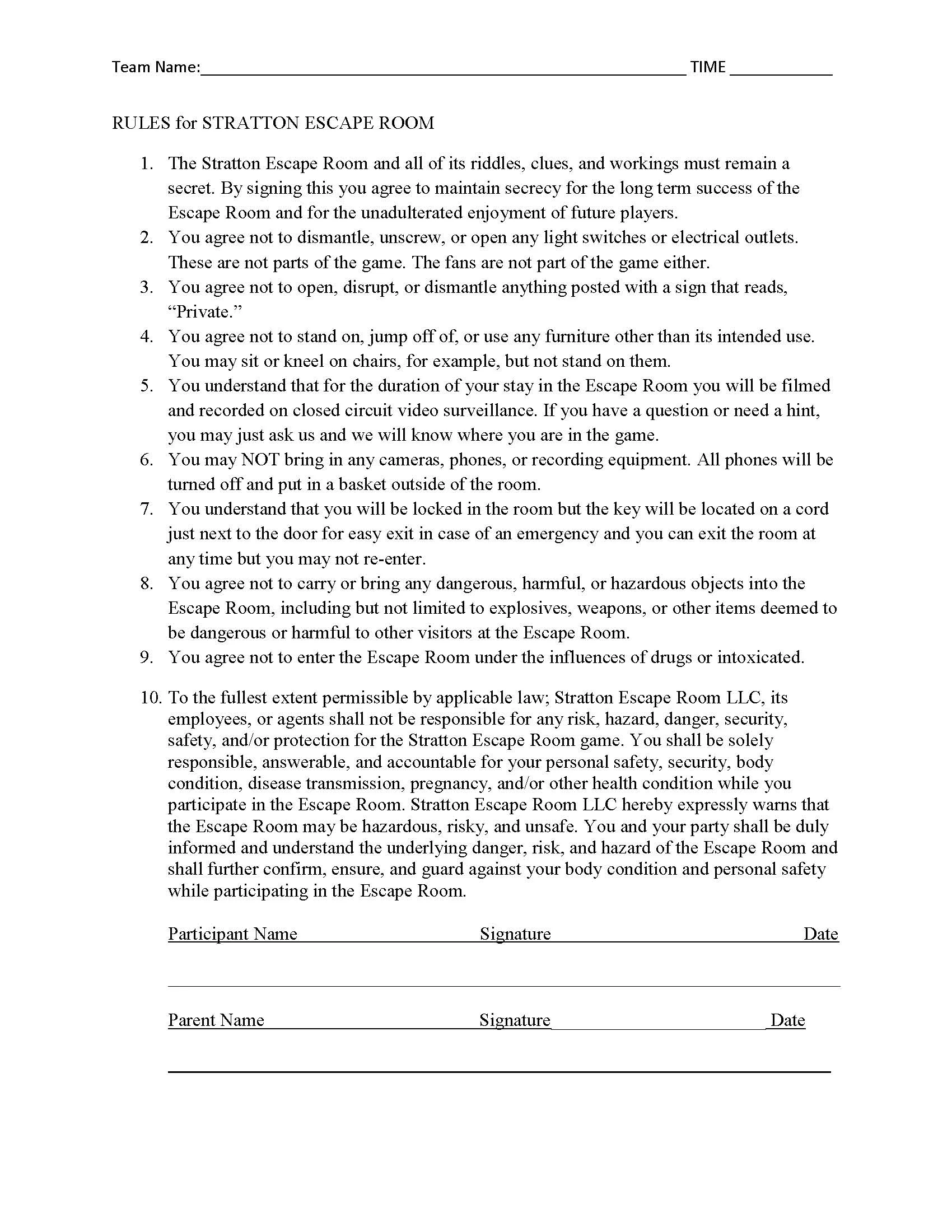 RULES AND RELEASE FORM
