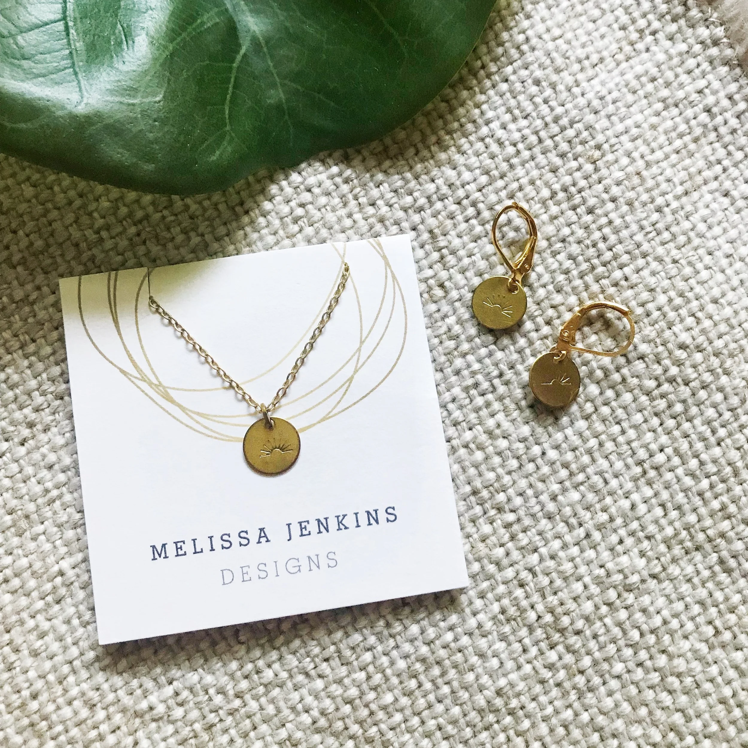 S|S SUN HAND STAMPED BRASS EARRINGS + NECKLACE 