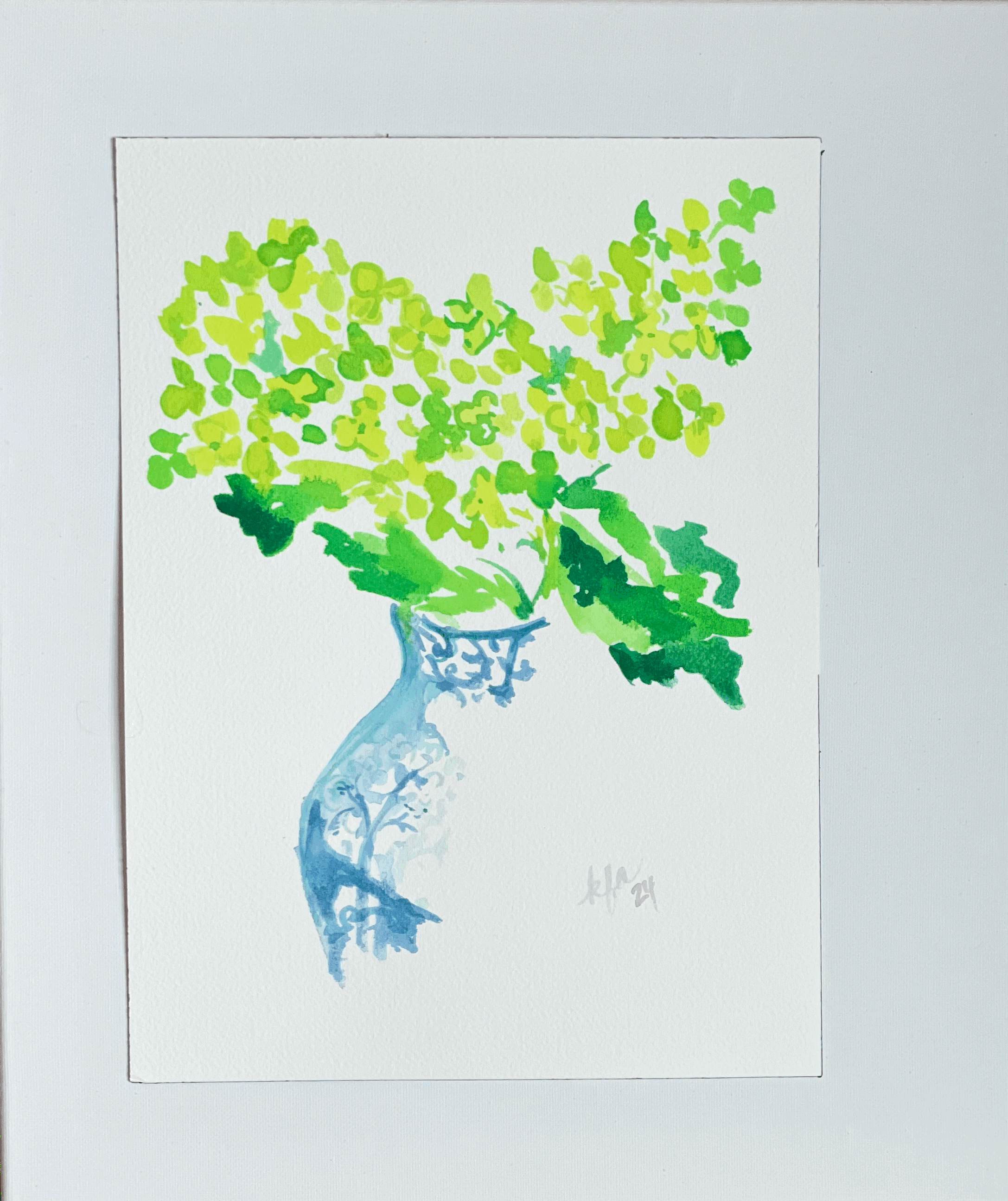 Green Hydrangeas in Blue Vase 1