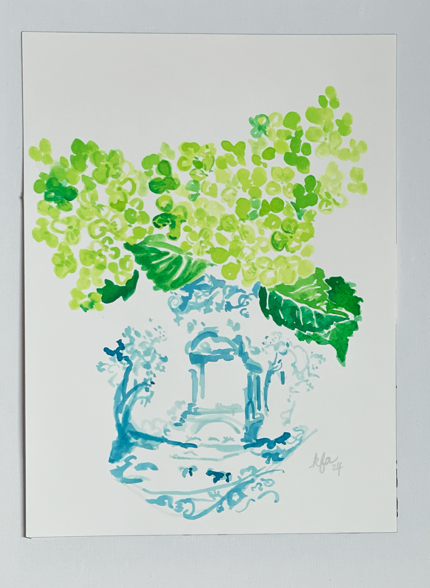 Green Hydrangeas in Blue Vase 2