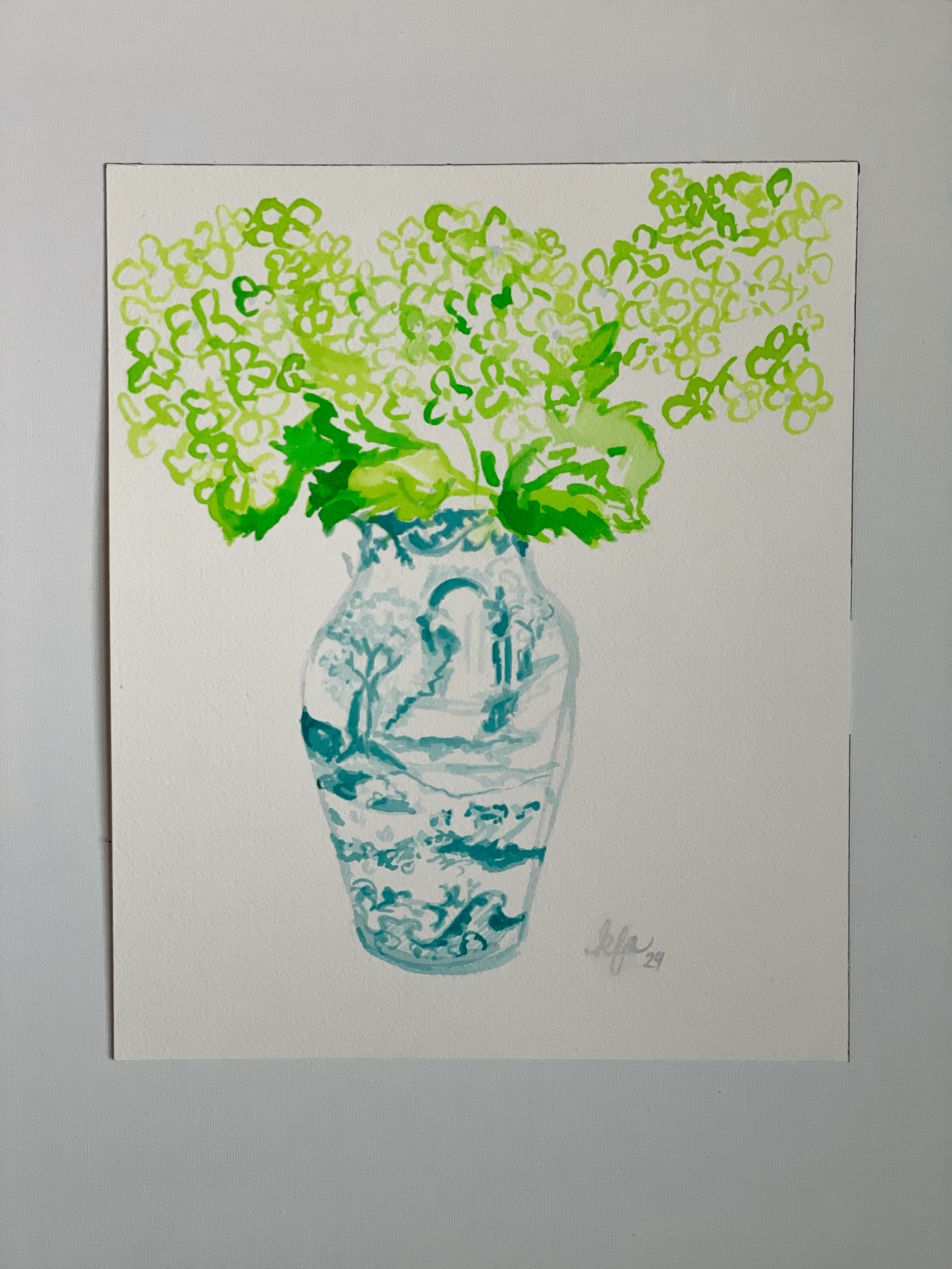 Green Hydrangeas in Blue Vase 3