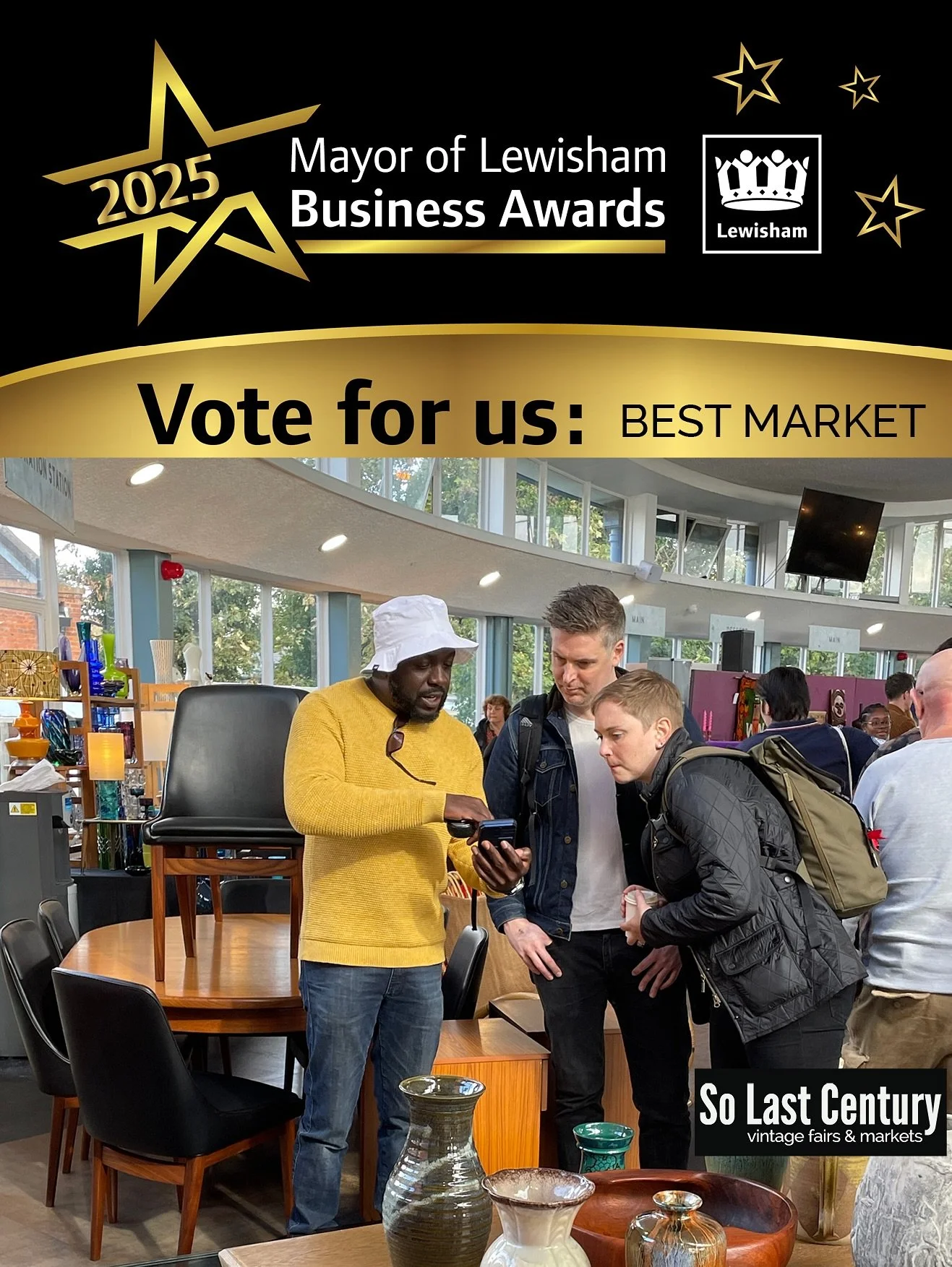 So Last Century has been shortlisted for the
Mayor of Lewisham&rsquo;s Business Awards 2025!

We were runner-up in last year&rsquo;s Awards, so we&rsquo;re very touched to have been nominated by so many people again this year for &lsquo;Best Market&r