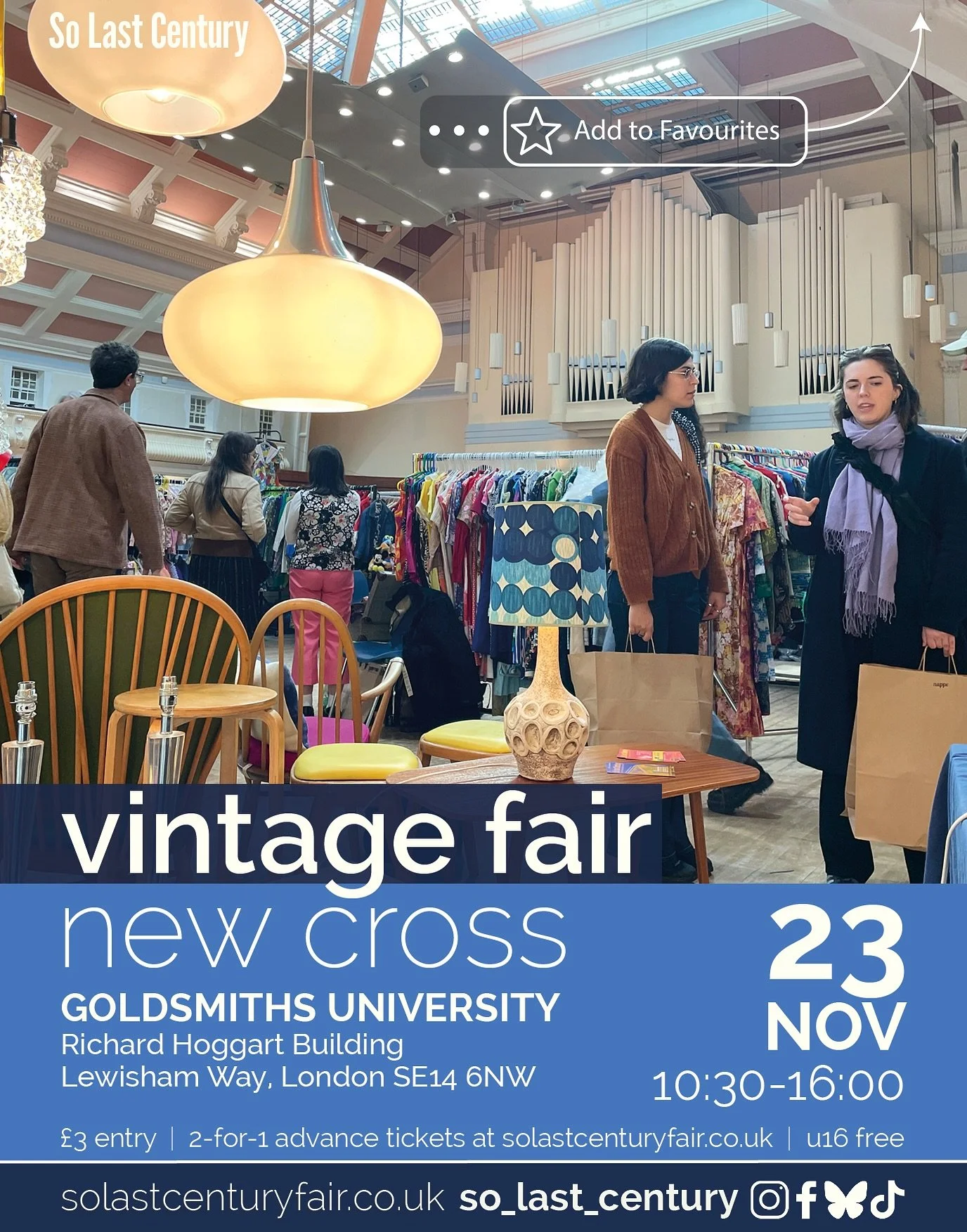 Next month!
So Last Century&rsquo;s Vintage Fair at Goldsmiths, University of London💛

Sunday 23rd November

40+ amazing traders in the University&rsquo;s biggest space, the fantastic Great Hall

🔎Gorgeous Mid 20th century furniture 🛋 lighting,🏺c