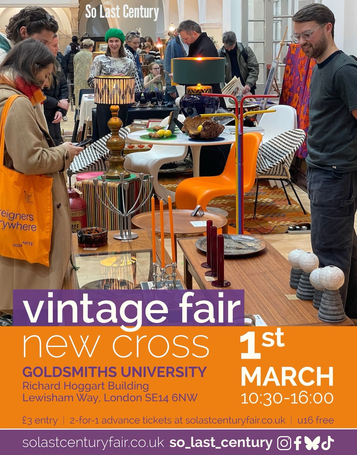 In four weeks!
So Last Century&rsquo;s Vintage Fair at Goldsmiths, University of London💛

Sunday 1st March

40+ amazing traders in the University&rsquo;s biggest space, the fantastic Great Hall

🔎Gorgeous Mid 20th century furniture 🛋 lighting,🏺ce