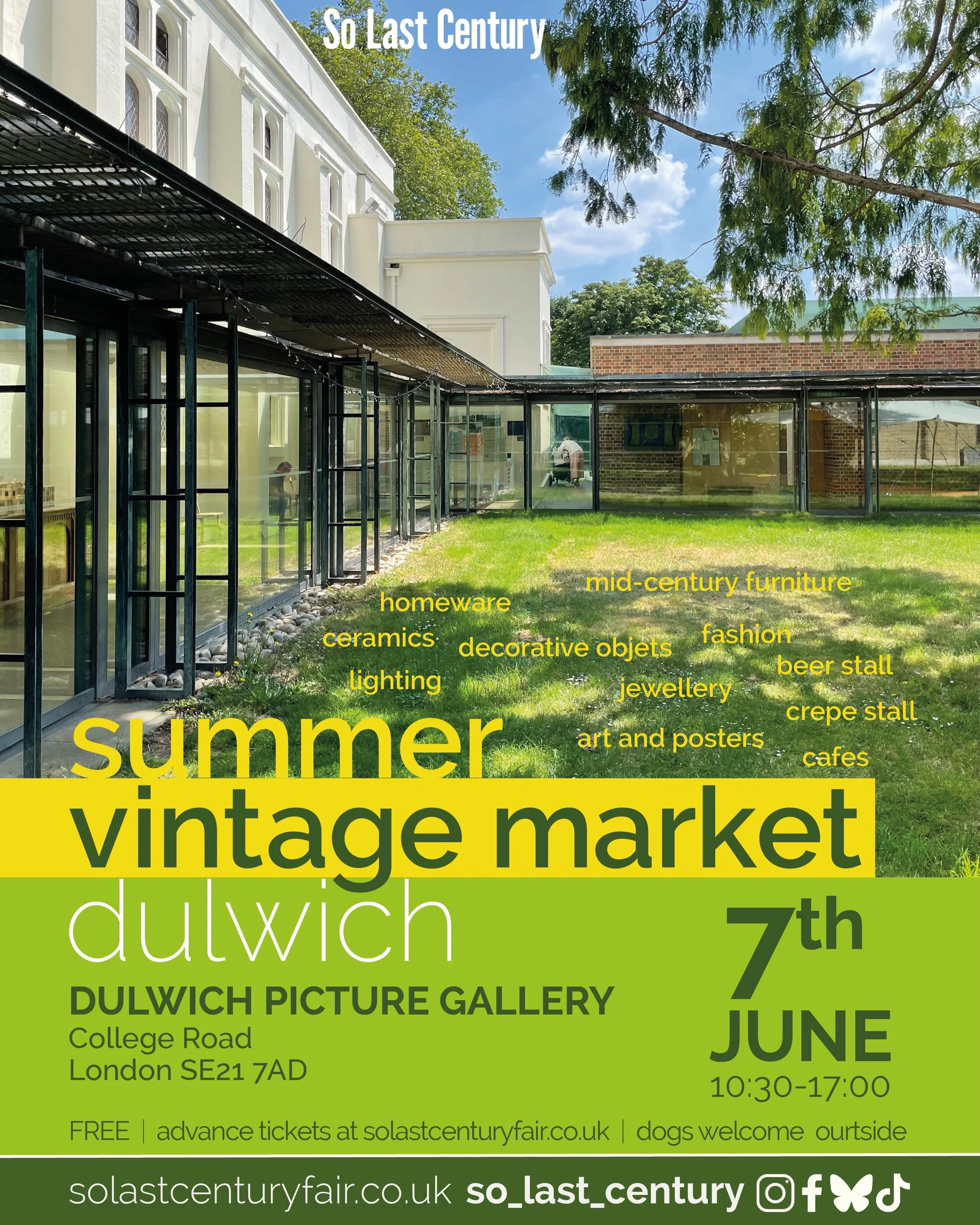 🌞Sunday 7th June - So Last Century&rsquo;s Summer Vintage Market at Dulwich Picture Gallery
@dulwichgallery 

Lots of amazing vintage stalls filling the landscaped gardens, the Cloisters, Linbury Room and Art Studio. You&rsquo;ll find find plenty of