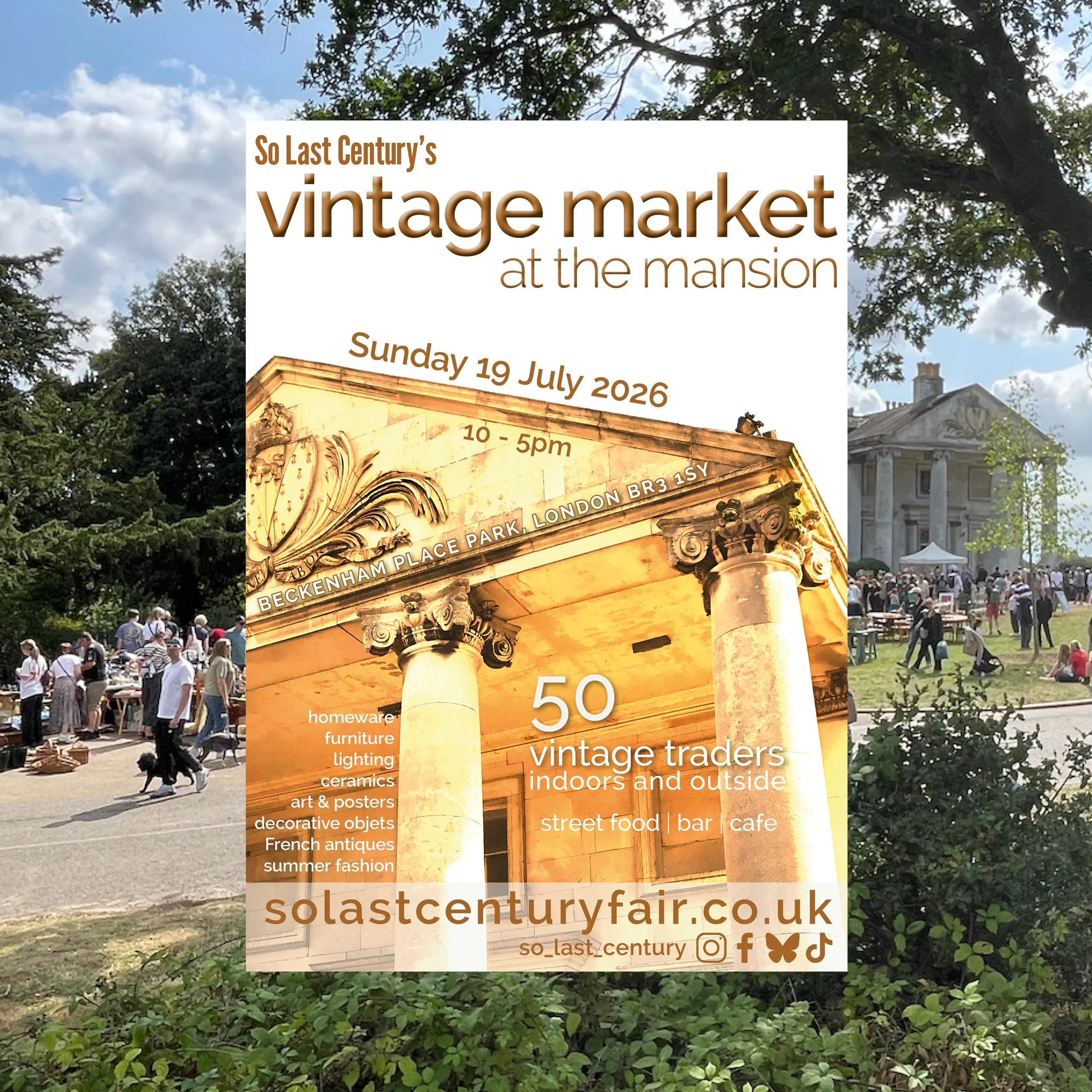 Back in south east London at Beckenham Place Park in a fortnight, with Vintage Market at the Mansion 🏛️🌿🐾

Sunday 19th July ☀️@beckenhamplace 

50 great vintage dealers around and inside the Mansion with mid 20th-century furniture, lighting, ceram