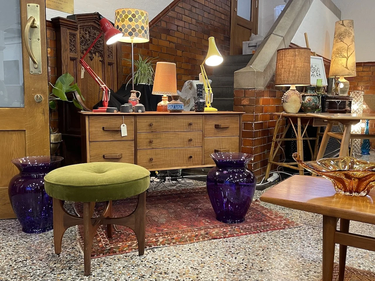 mid century furniture and decor on display at So Last Century's vintage fair at St Dunstan's College, Catford