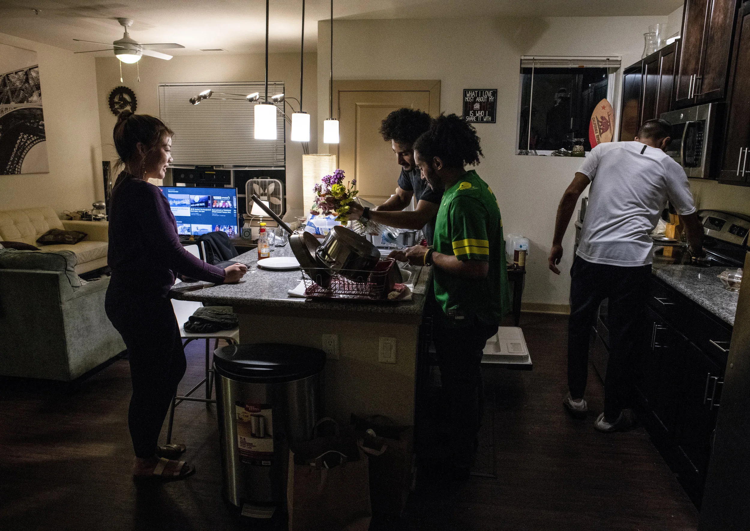  From left to right, Luna Tamimi, Abdulrahman Alarfas, Anas Babaeer and Aziz Ebinghannam gather to make dinner after fasting for Ramadan. Ramadan is a holy month in Islam when practicing Muslims fast from sunrise to sunset. 