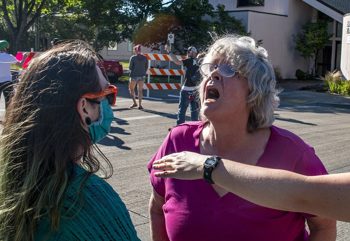  An attendee of the pro-police rally screams at a counter protestor. A pro-police rally was held in Springfield, Oregon, Monday afternoon, June 22. The event, organized by Springfield resident Joe Fritz, was intended to show support for police office