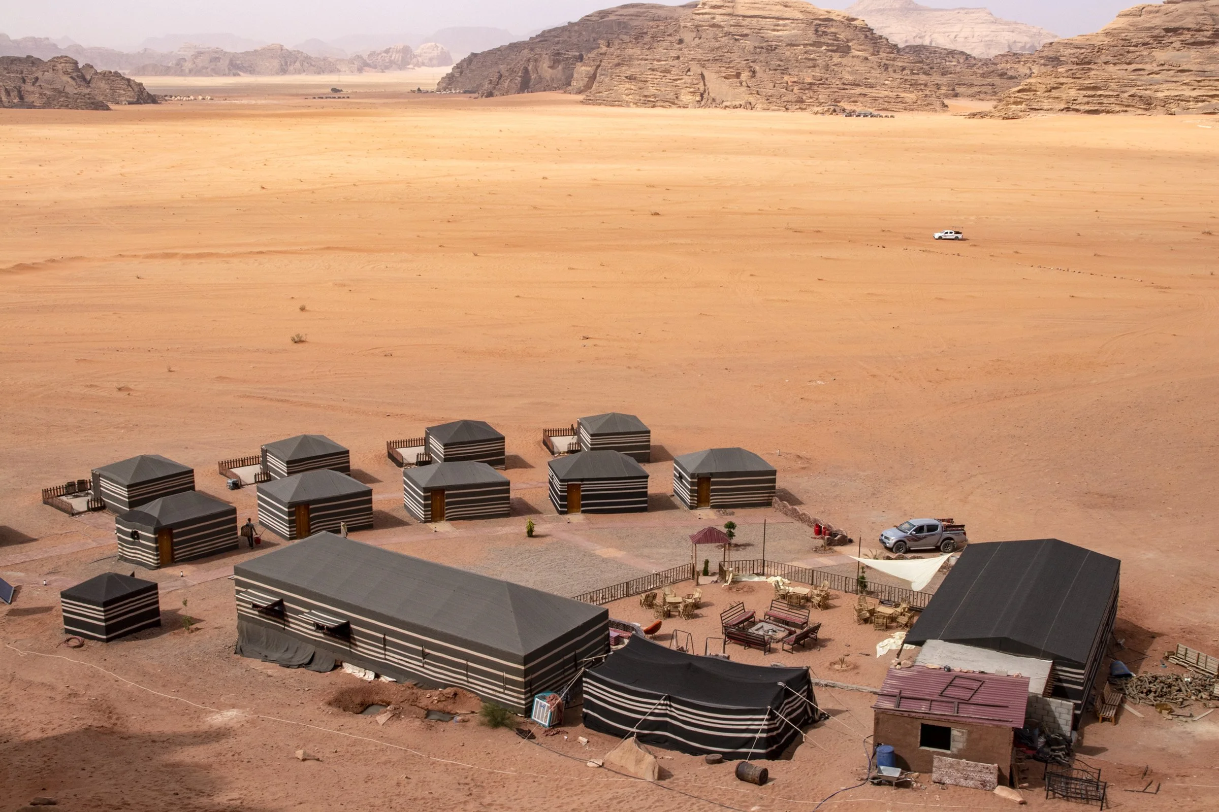  A camping site based inside the Wadi Rum protected area. Camping sites such as this vary from basic to luxury, but most are equipped with running water, electricity and in some cases Wi-Fi. 