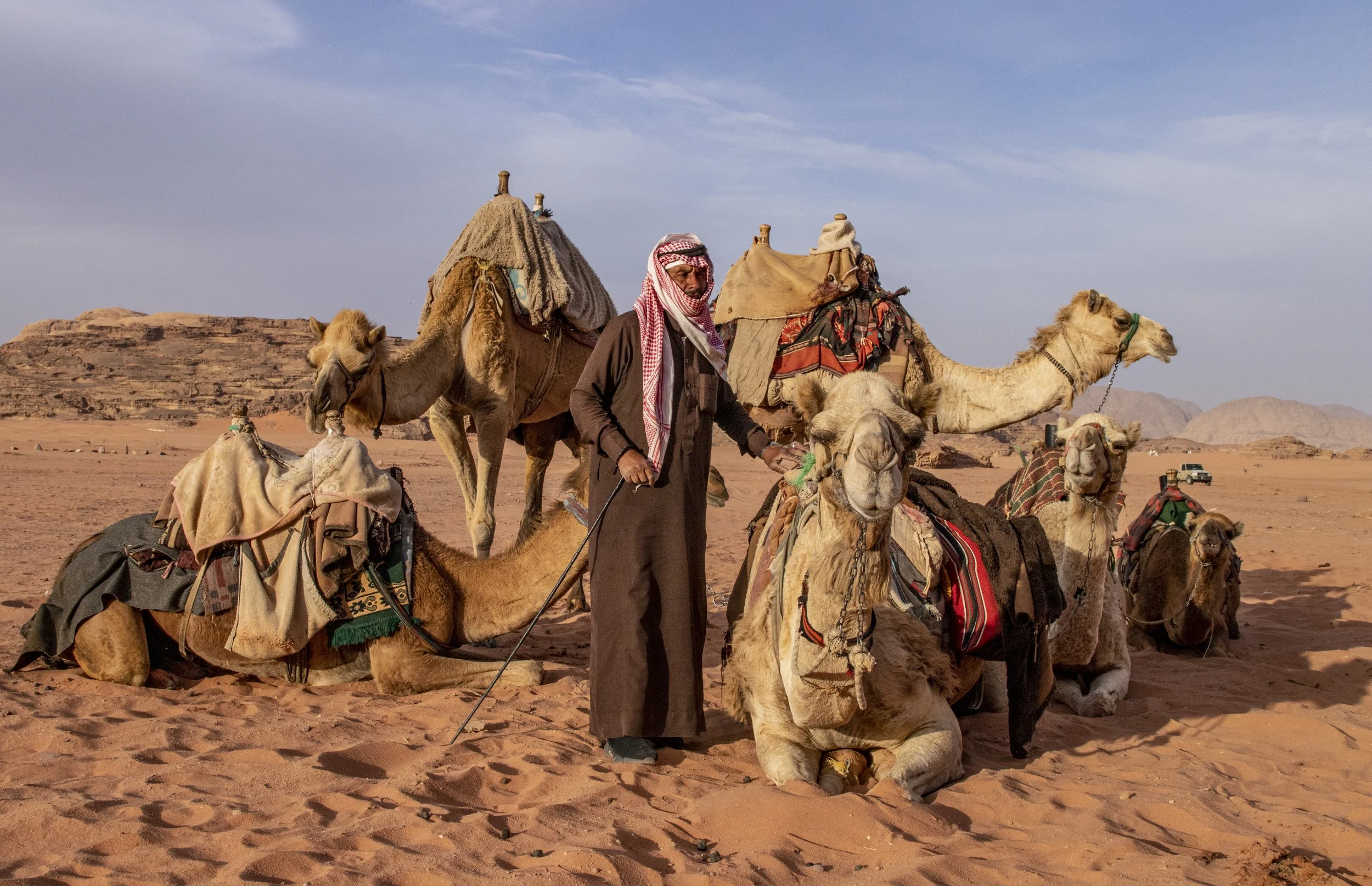  Bedouin tribesman Nayef waiting to lead tourists on a camel ride through the Wadi Rum desert in Jordan. 