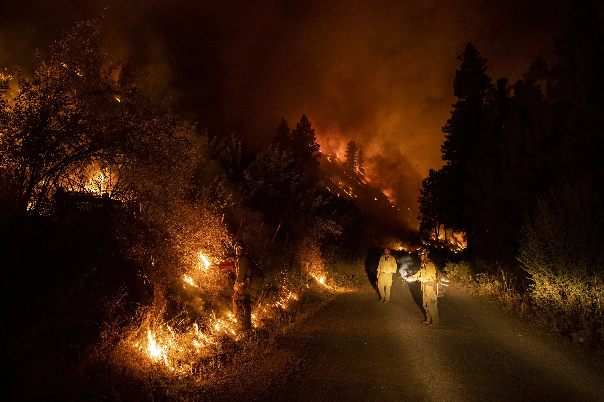 Members of a Hotshot crew, an elite firefighting unit sponsored by the federal government, conduct a backburn at the Double Creek fire. In a backburn, wildland firefighters intentionally burn vegetation ahead of the main body of a wildfire to create