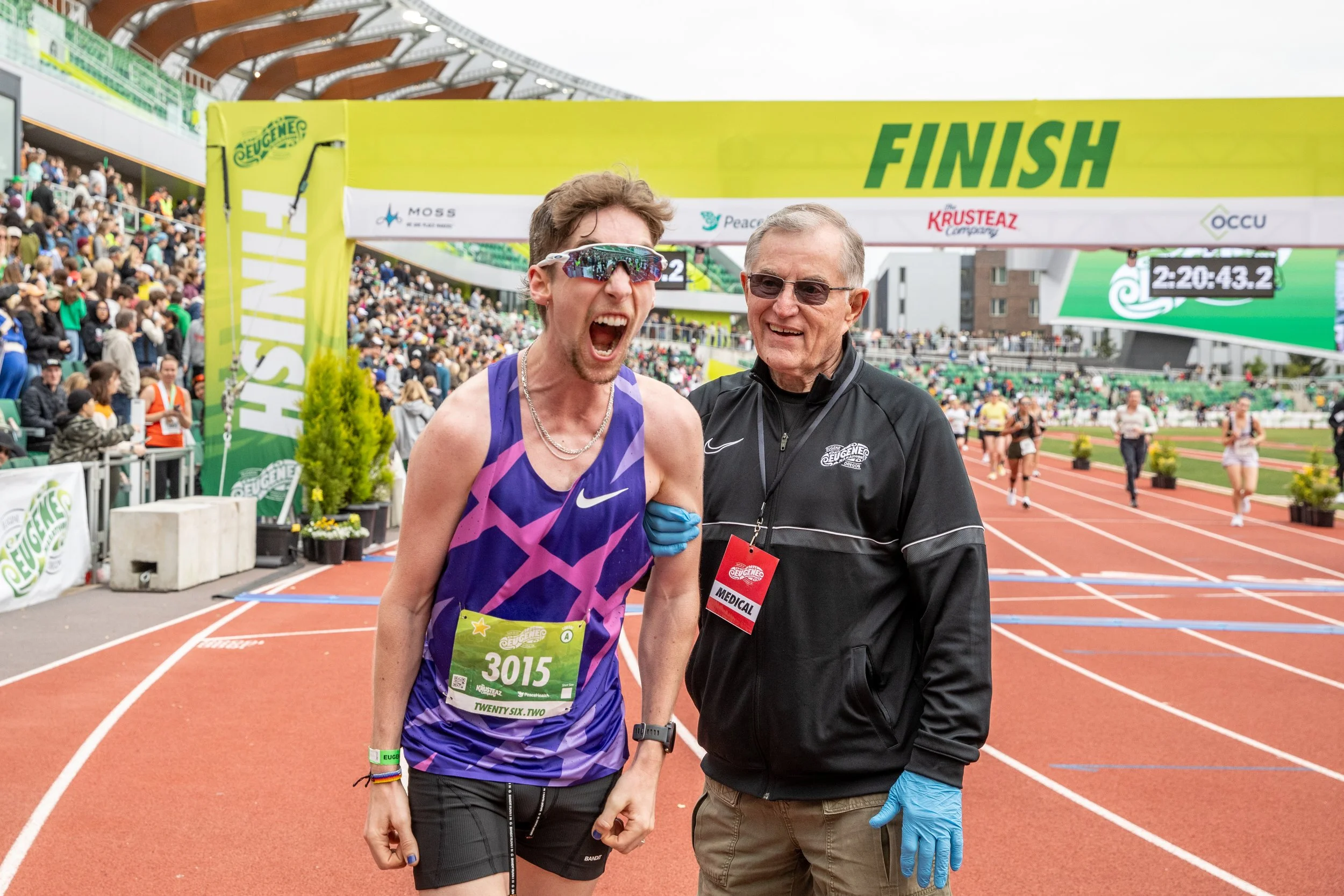  Springfield local Logan Auxier screams with excitement after finishing second in the male's marathon event of the Eugene Marathon with a final time of 2:20:27 (2 hours, 20 minutes, 27 seconds) on April 27, 2025. 