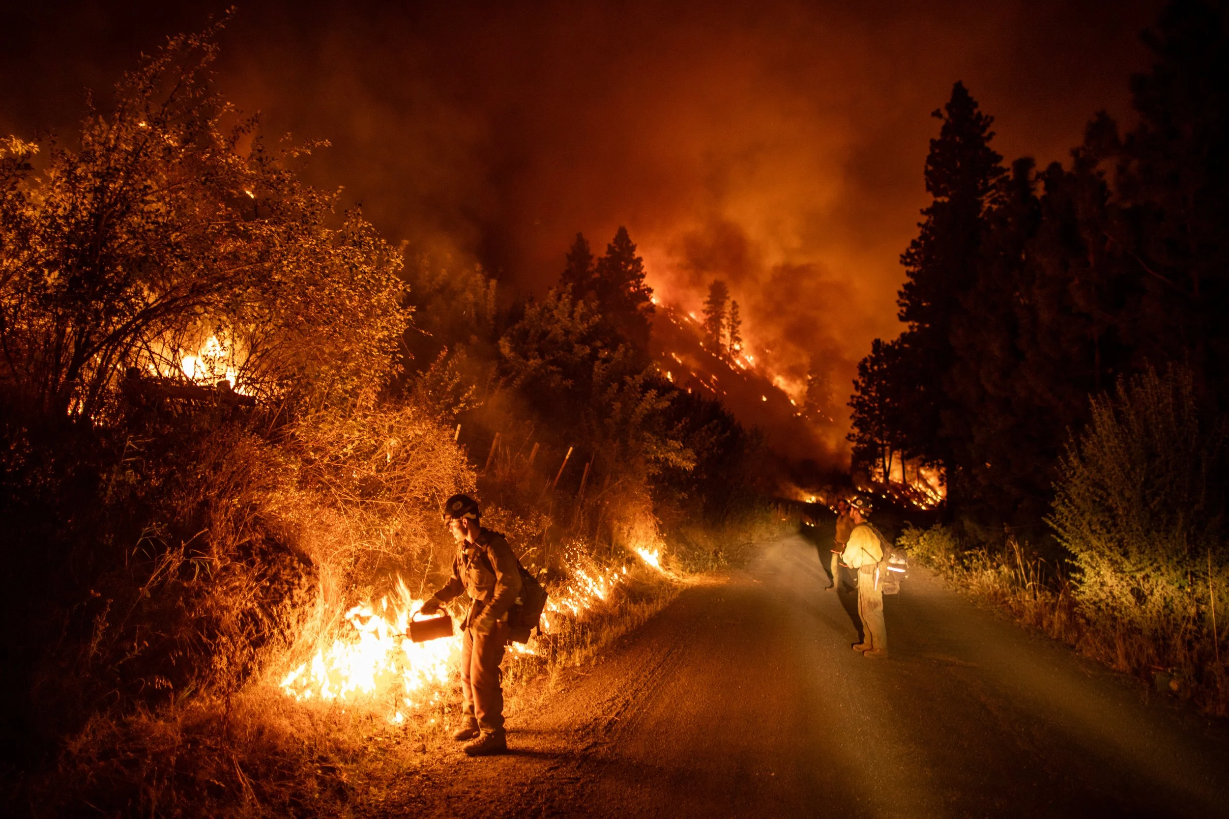  Members of a hotshot crew, an elite firefighting crew, conduct a backburn at the Double Creek fire. In a backburn, wildland firefighters intentionally burn vegetation ahead of the main body of a wildfire to create a buffer zone of burnt fuel that ca