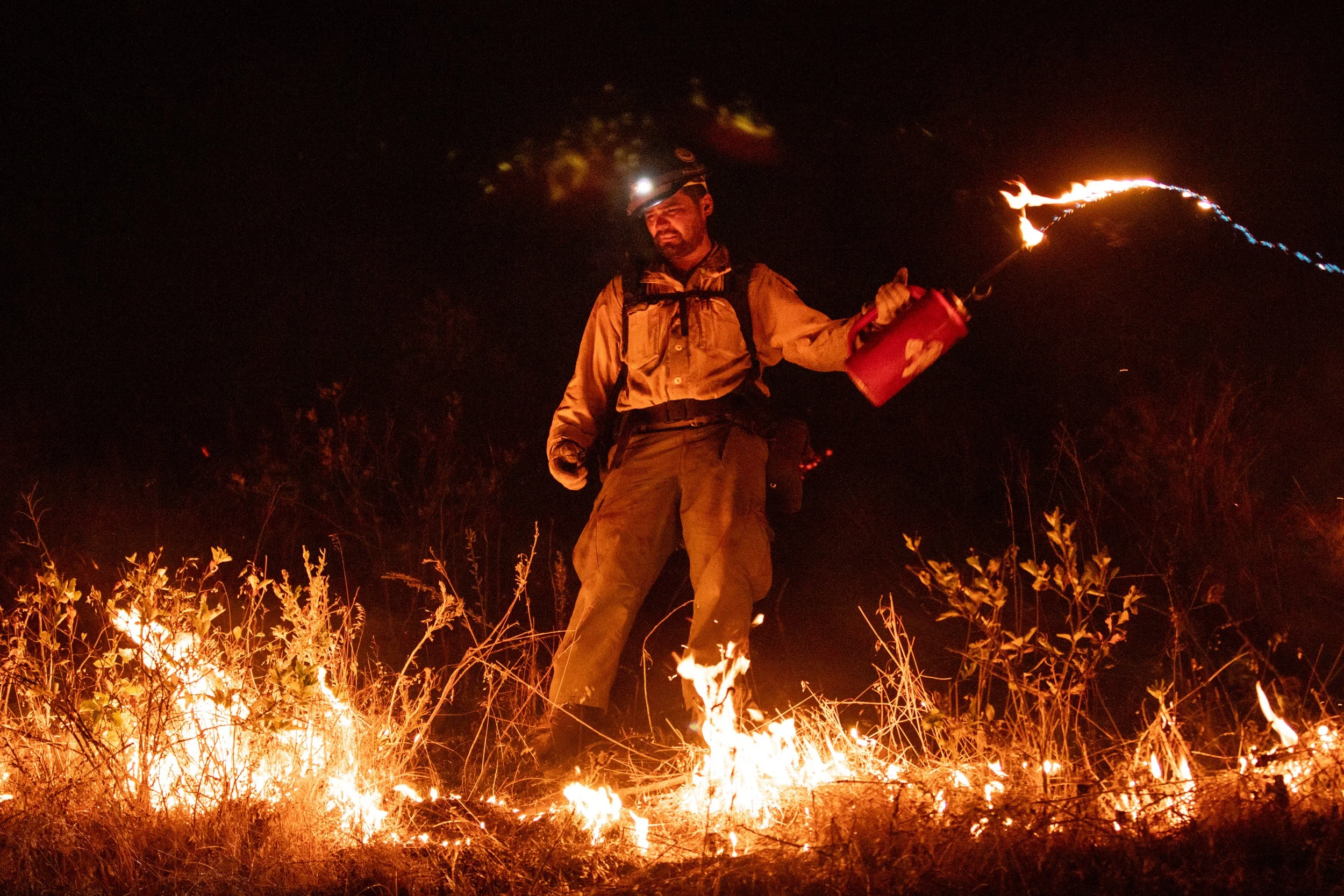  A member of a hotshot crew flings burning drip torch fluid to ignite grass and brush during a back burn operation. 