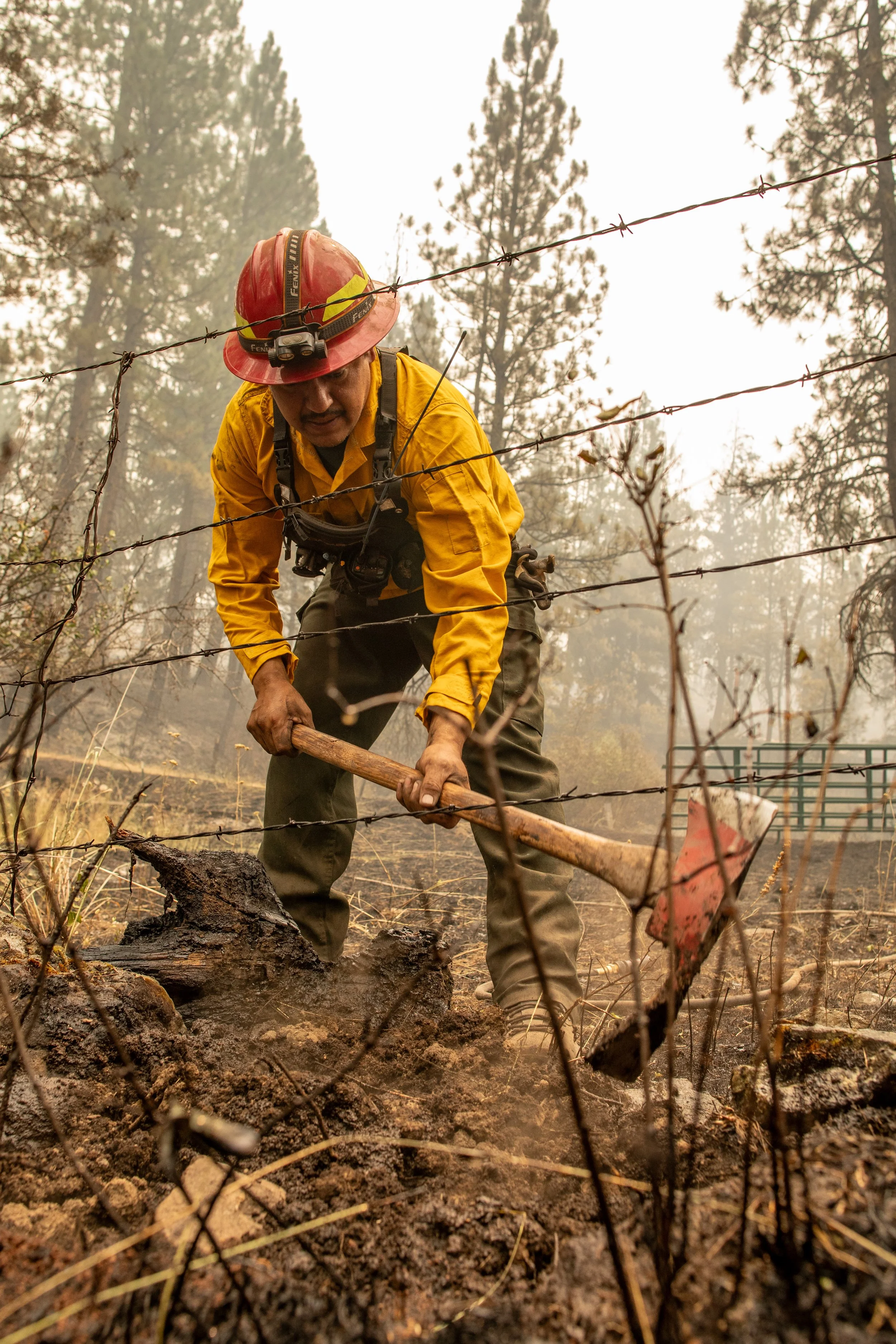  A wildland firefighter uses a pulaski to dig up smoldering material buried in the ground at the Boneyard Fire in Oregon. 