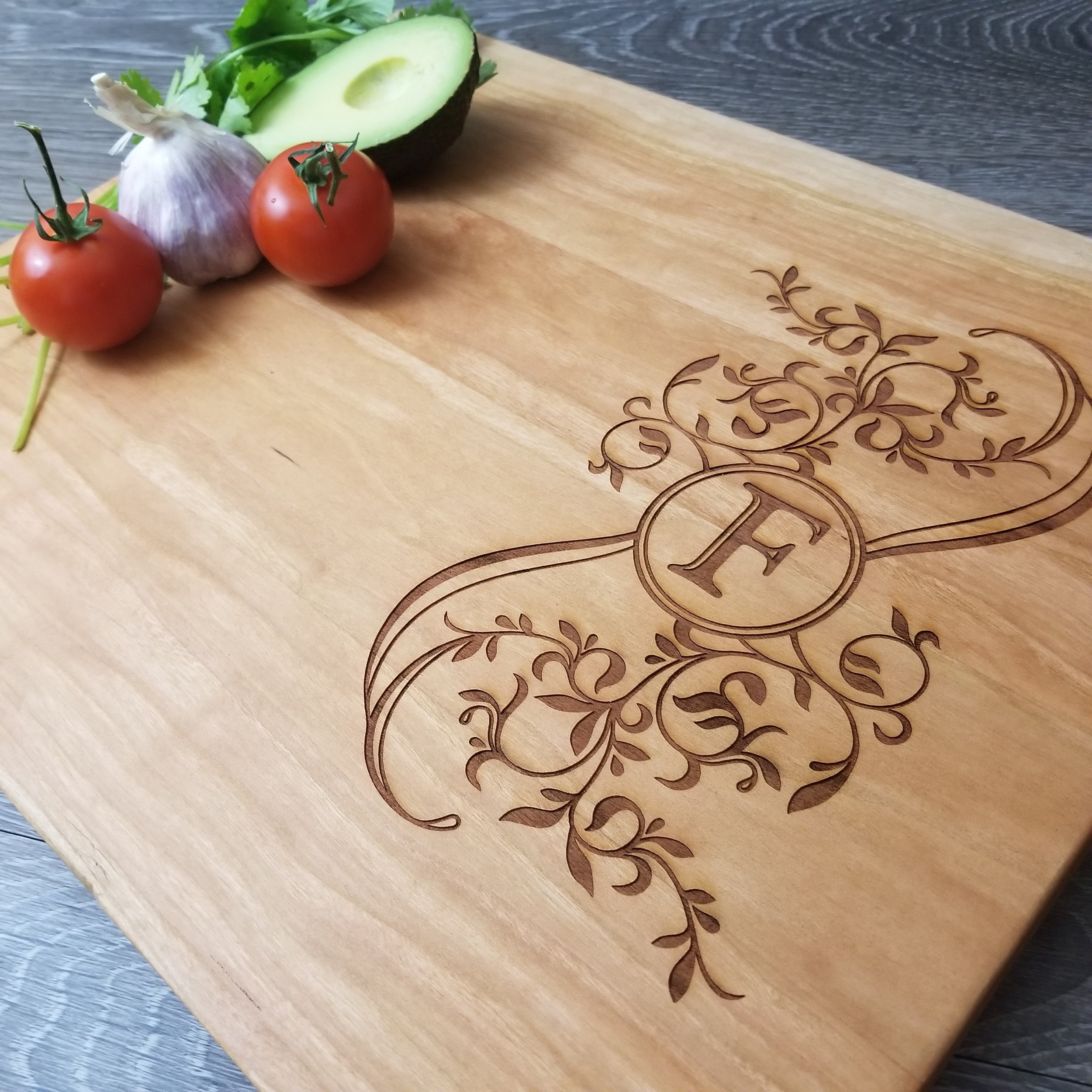 Lovebirds with Branch and Heart Personalized Engraved Custom Cutting Board Walnut Sapele or Maple #25