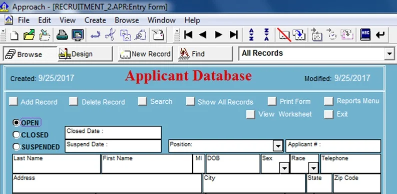 NEOGOV , the city’s web-based hiring platform will replace BPD’s current applicant tracking system implemented in Lotus Approach (shown above), an outdated piece of software that does not provide visibility into the selection process.
