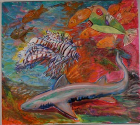 Nurse Shark, Lionfish, Cowfish and Friends 56"x50" oil on canvas 2008 The ocean is filled with many fish. The cowfish,green with a red eye, has a solid bony body. Its mouth is perpetually open as it is an extension of its bony body plate and it cannot close it. This fish can only swim slowly by using its tiny fins. The cowfish is an ancient fish that has existed for many thousands of years before man appeared and it has horns on its head. The lionfish is very fearsome with its spiny poisonous barbs. It eats everything in its way.The nurse shark sleeps peacefully. It is one of the few sharks that can breath without moving constantly. The other sharks must have a constant flow of water though their gills to maintain the level of oxygen they need.