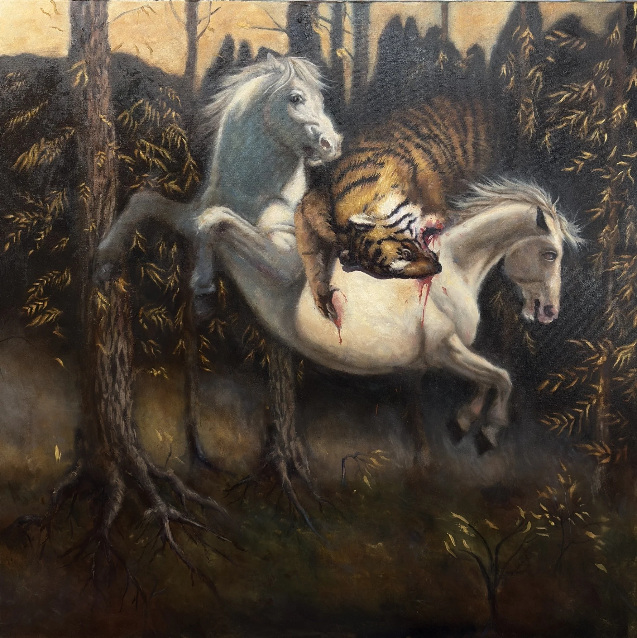 Apollo and Dionysus — a tiger attacking a two-headed white horse in a forest.