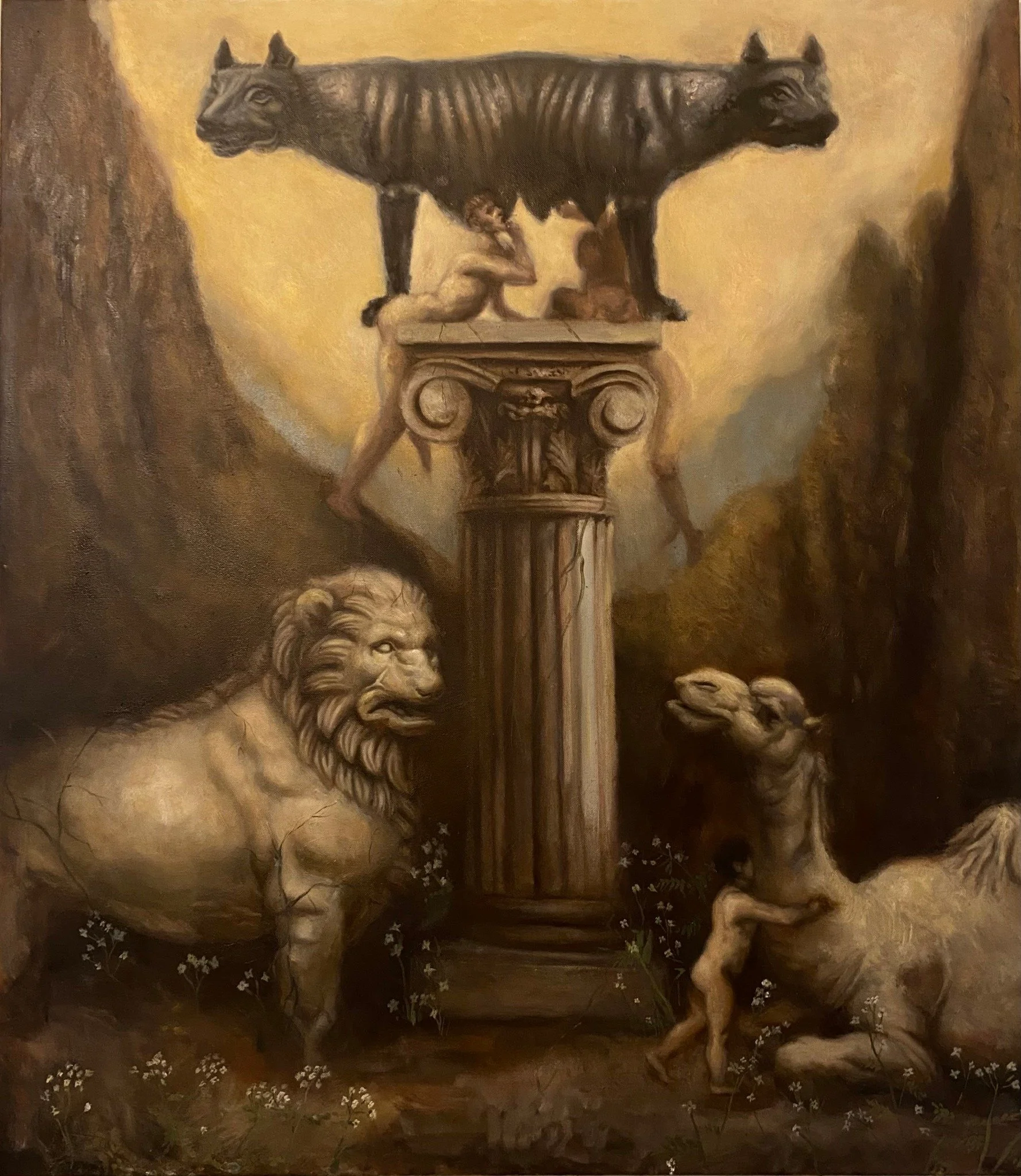 The One You Feed — a two-headed wolf above a column, with a lion and camel below.
