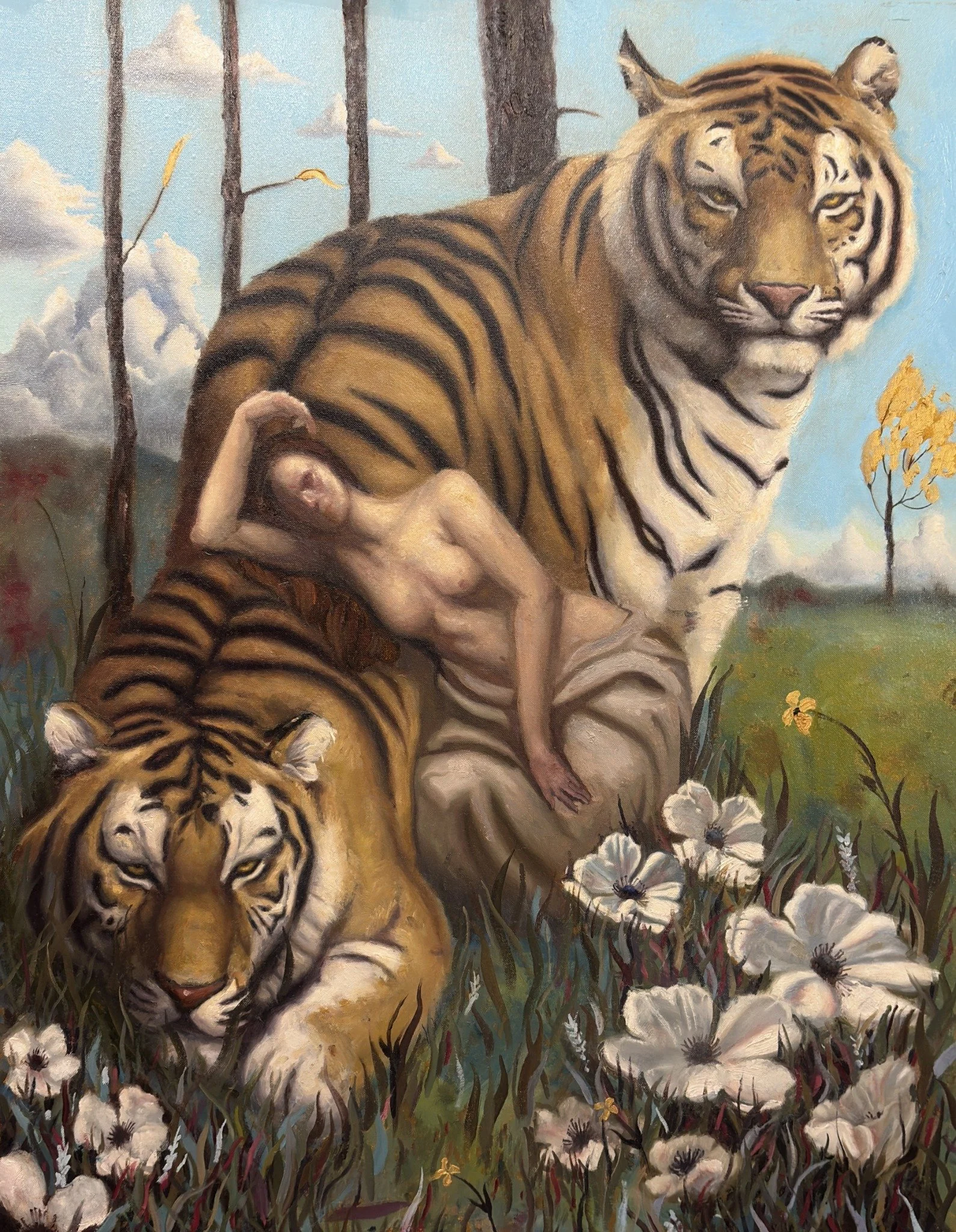 Ataraxia — two tigers and a reclining human figure among white flowers.
