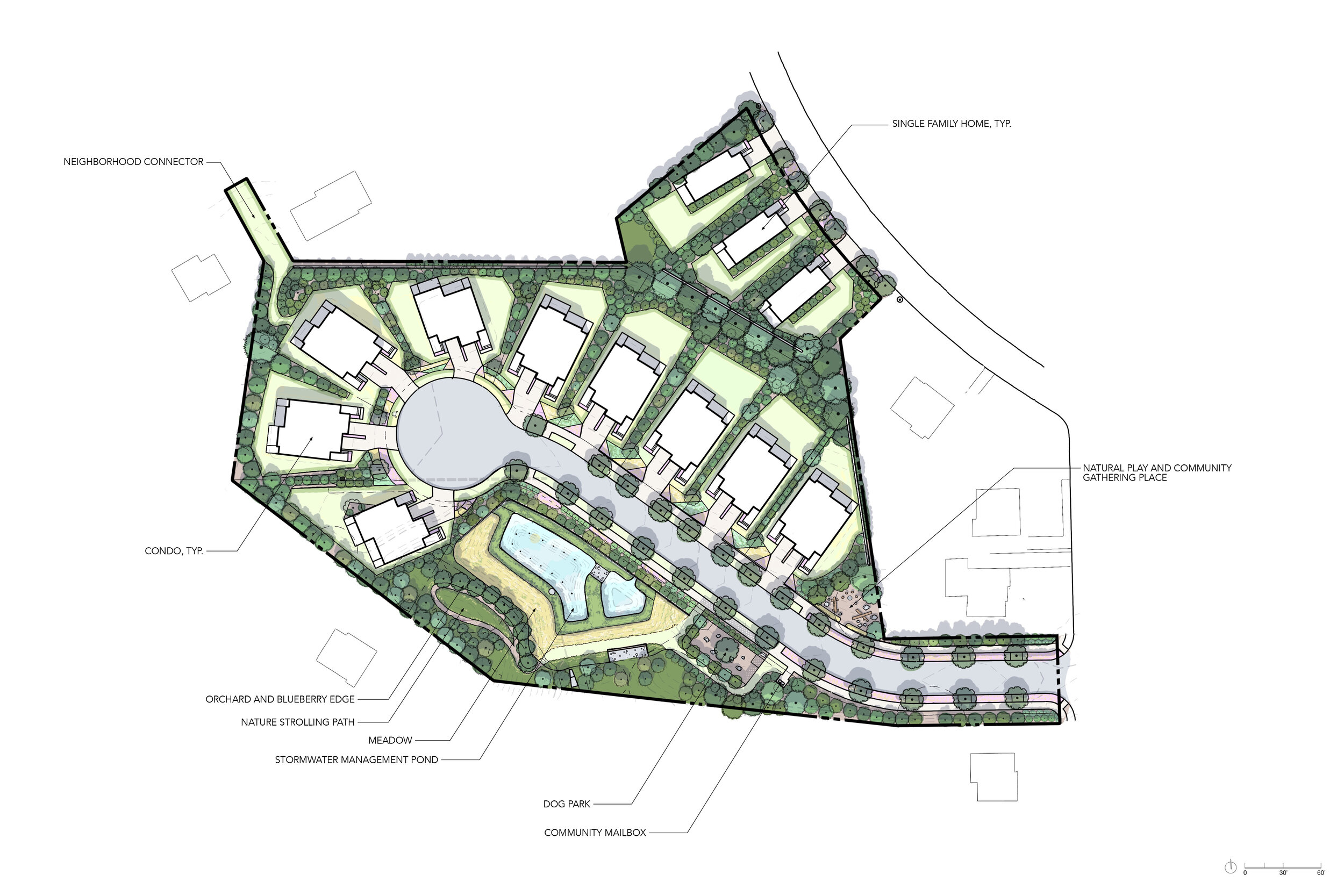  Schematic landscape plan assembling the best ideas from three concepts that meet installation budget, provide the widest range of robust habitats, and meets expectations of beauty and privacy for residents.  