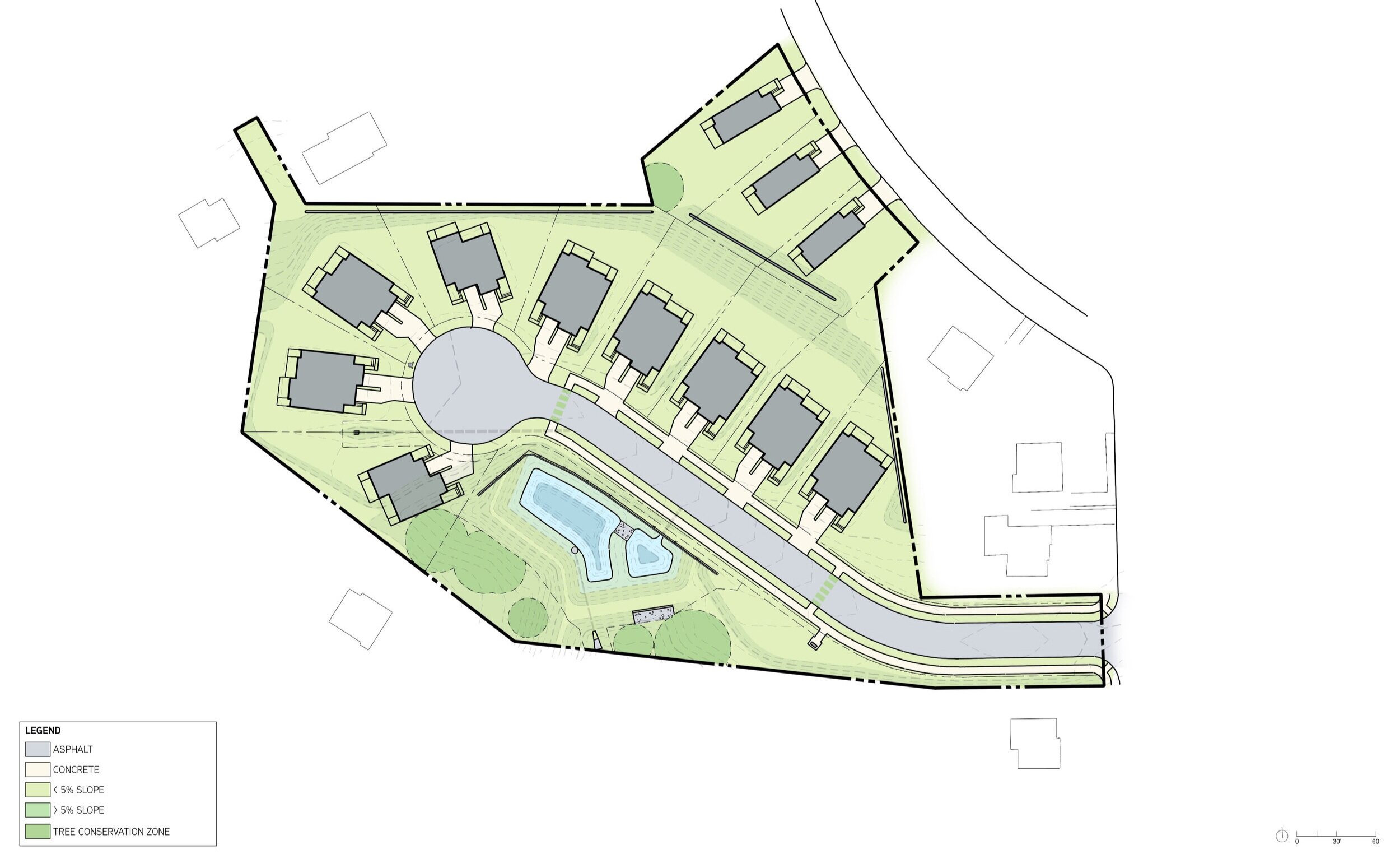  Landscape plan exploring how slopes and tree conservation areas present opportunities for the location of amenities like a proposed dog park, picnic area, hiking trails and habitat restoration zones.  